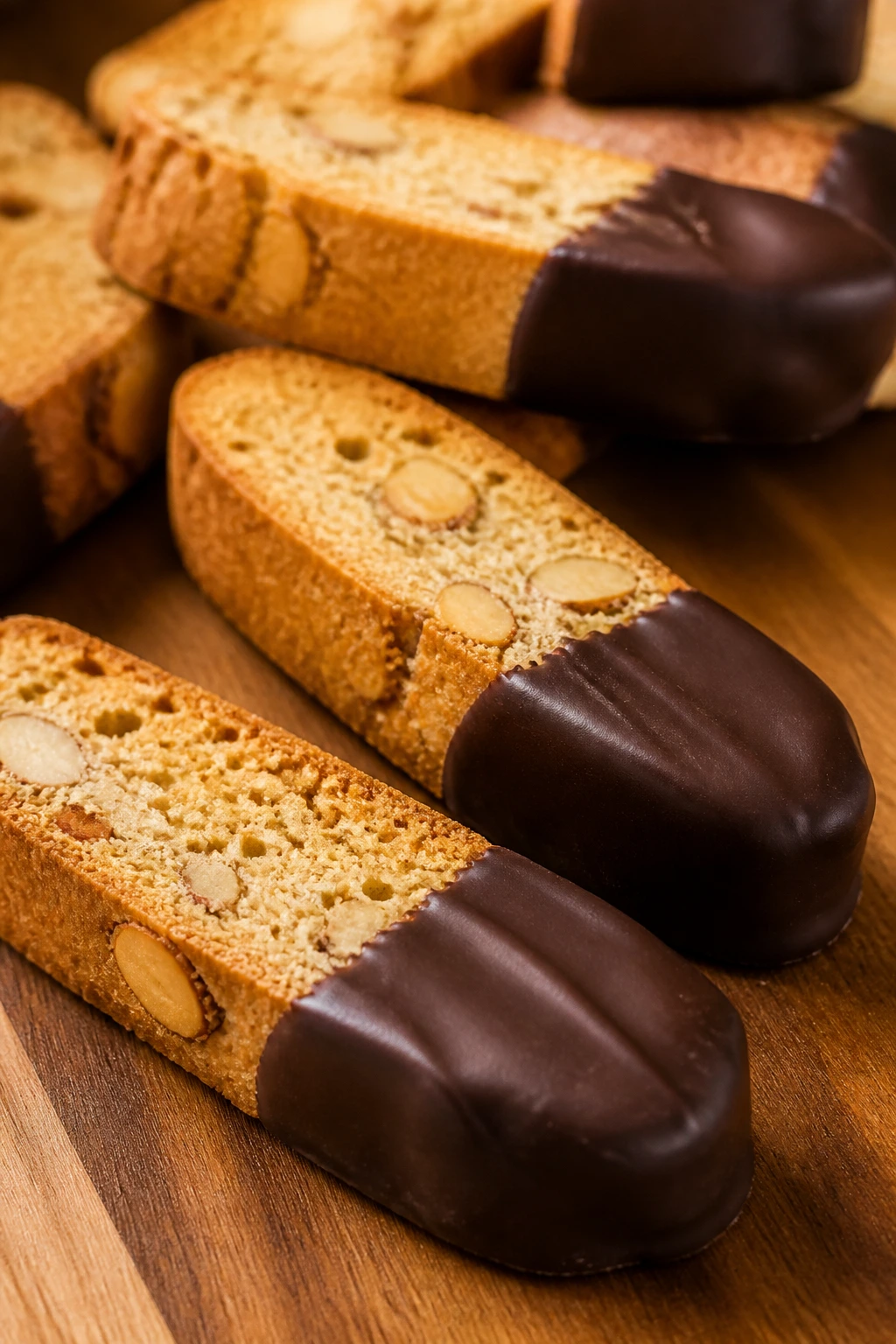 Close-up of chocolate-dipped biscotti on wooden board