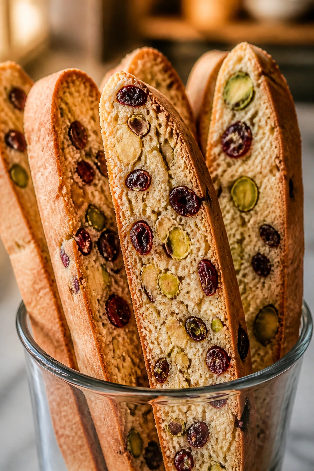 Cranberry pistachio biscotti sticks with visible cranberries and pistachios