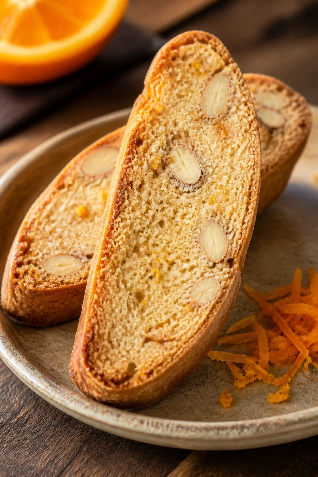 Two almond biscotti with orange zest on wood