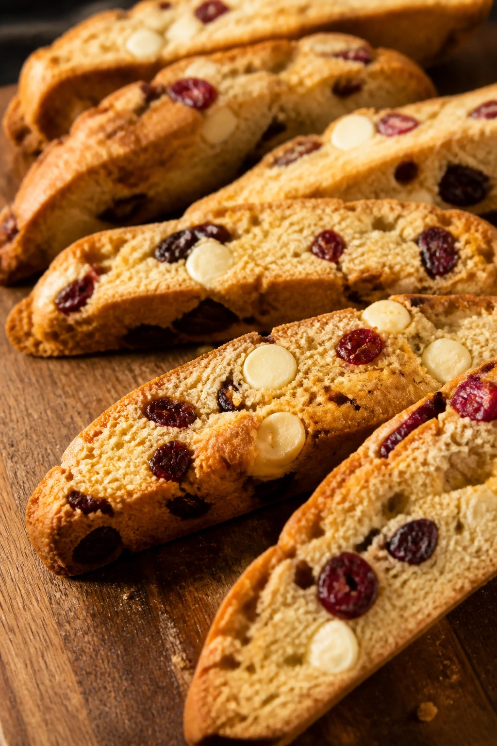Close-up of white chocolate cranberry biscotti on a wooden board