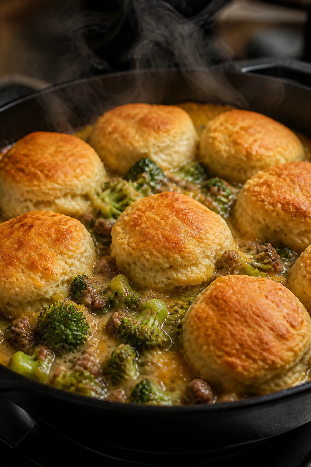 Close-up of biscuit-topped hamburger broccoli bake in cast iron skillet