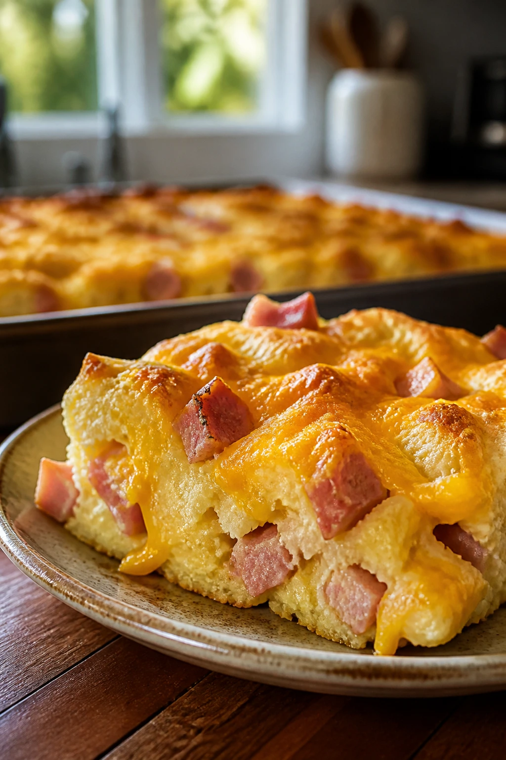 Close-up of Ham and Cheese Biscuit Bake slice on rustic plate