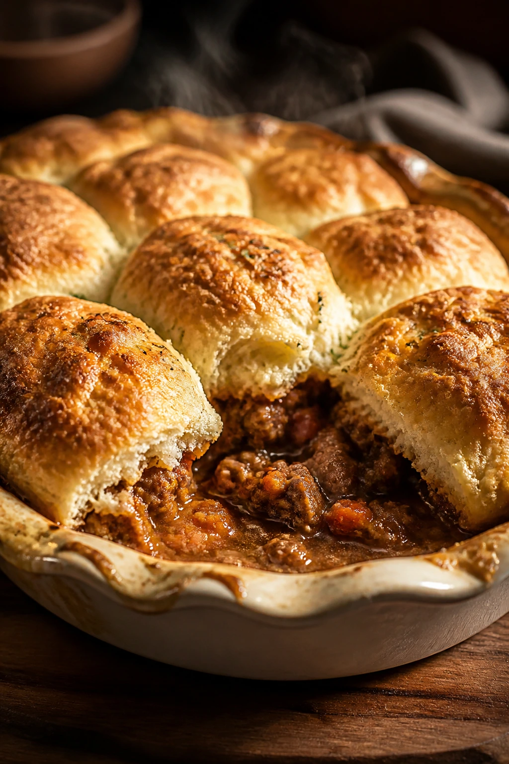Biscuit-topped beef and sausage pie bubbling in a dish