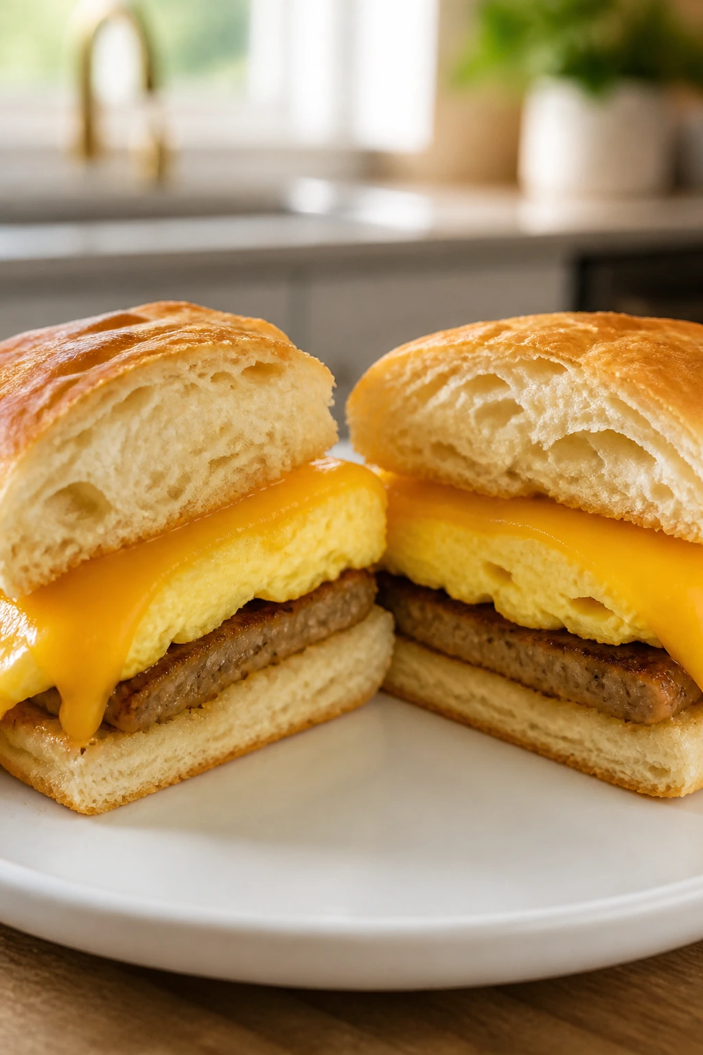 Close-up of a biscuit sandwich cut in half showing sausage, egg, and cheese