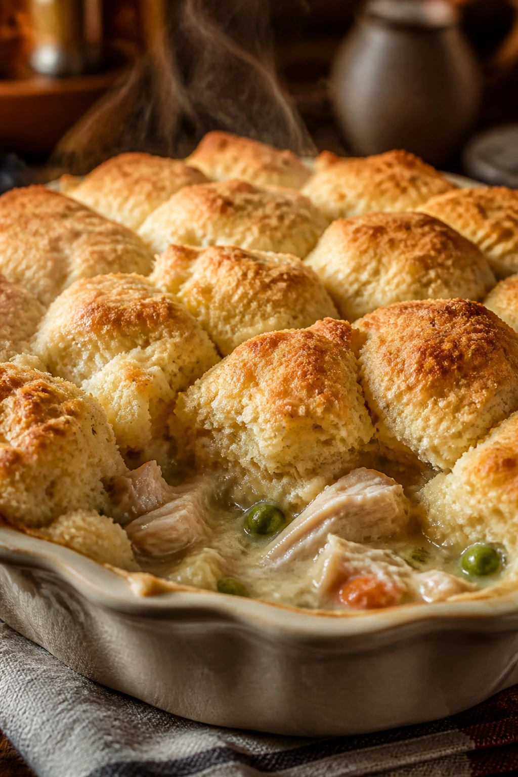Biscuit-topped chicken pot pie in baking dish with browned biscuits
