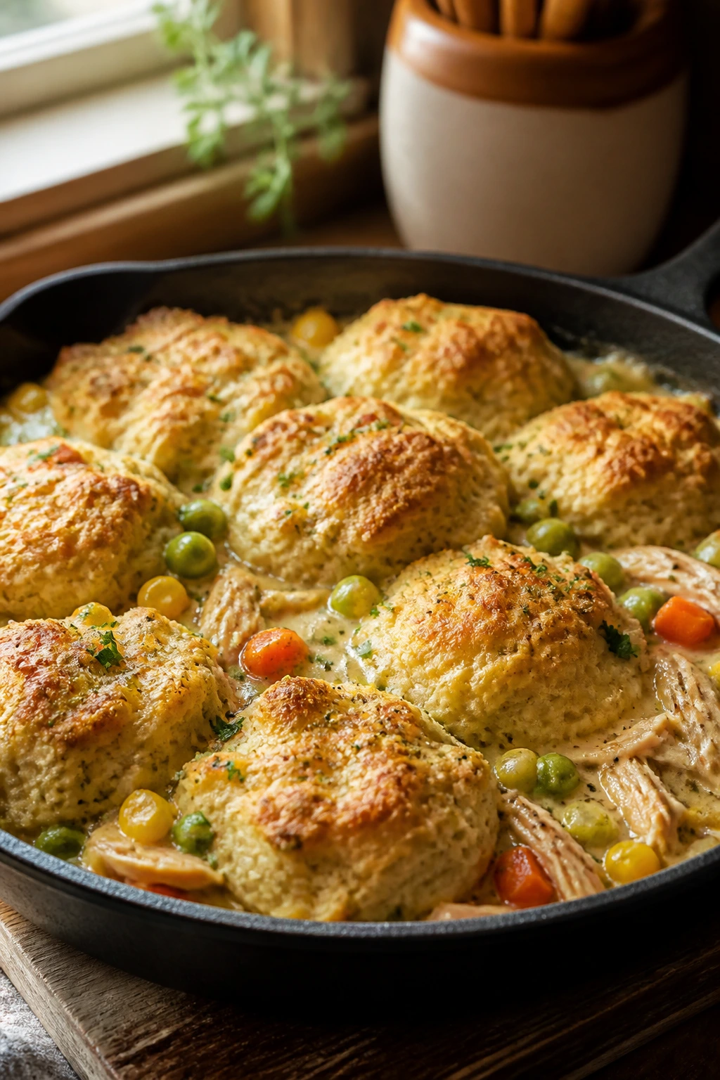 Close up of bubbling biscuit topped chicken skillet with golden biscuits.
