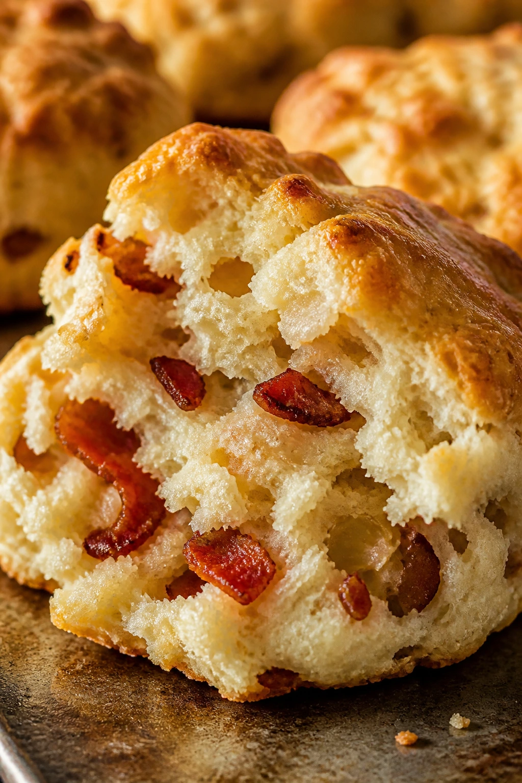Close-up of flaky bacon and onion biscuits