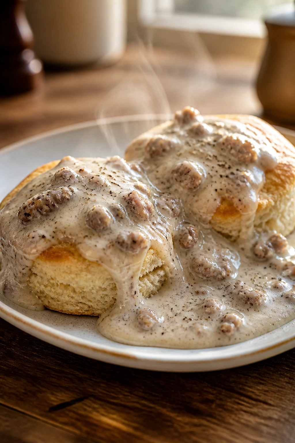 Close-up of biscuits with sausage gravy on a rustic table under warm kitchen light