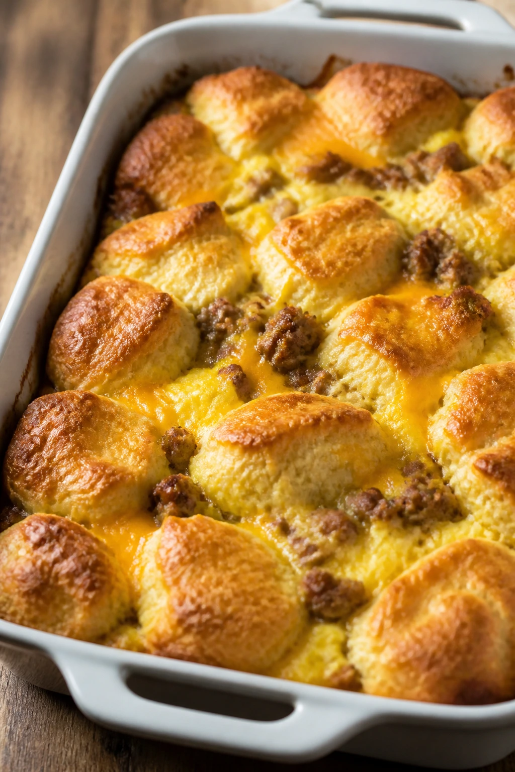 Golden-brown biscuit sausage and egg bake in a casserole