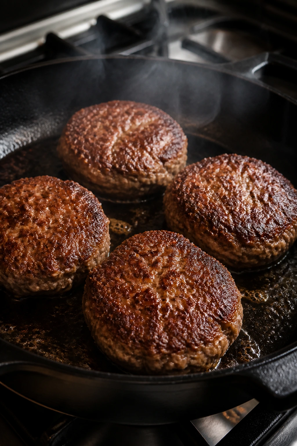 Close-up of four bison burger patties in a cast-iron skillet
