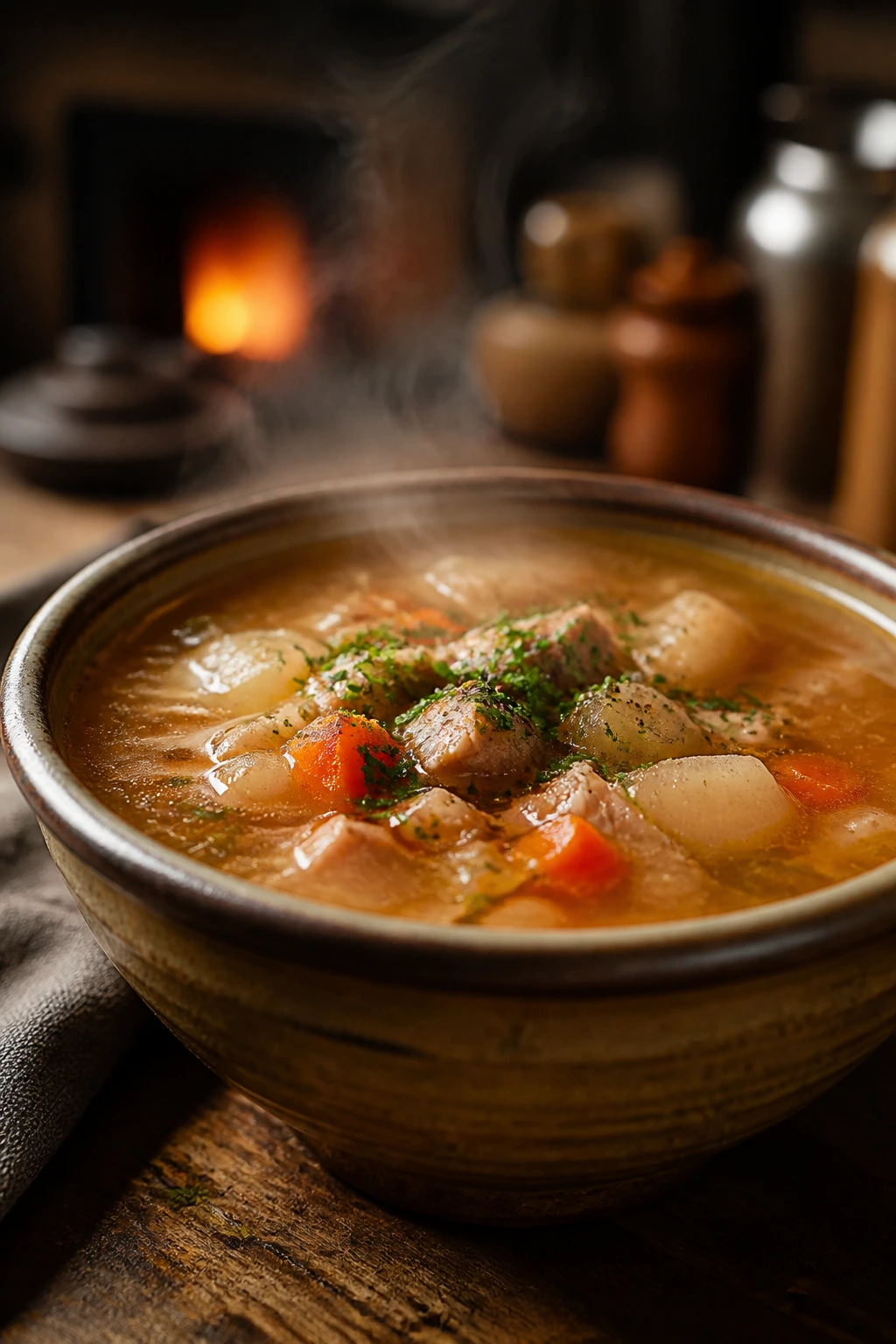Steaming bowl of soup on a wooden table with cozy kitchen background