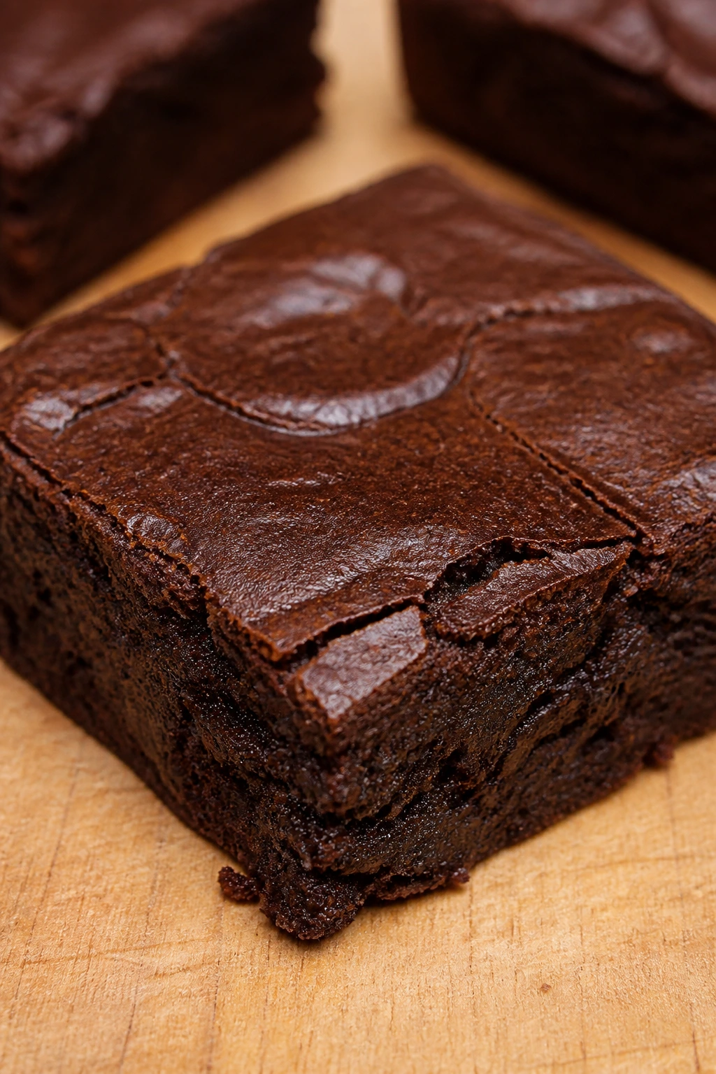 Close-up of a fudgy black bean brownie on light wood surface