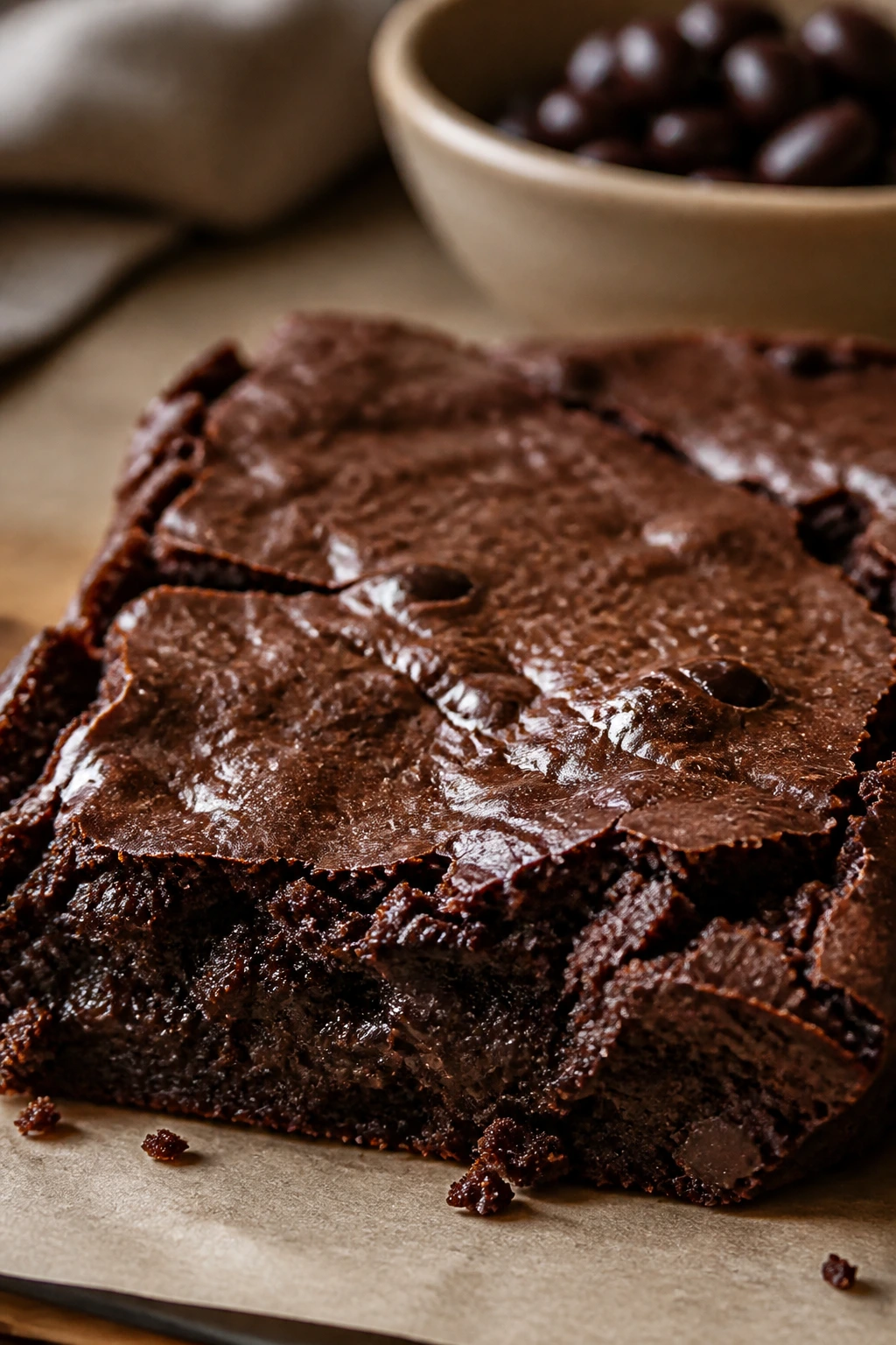 Close-up of a dense black bean cocoa brownie on a warm kitchen counter