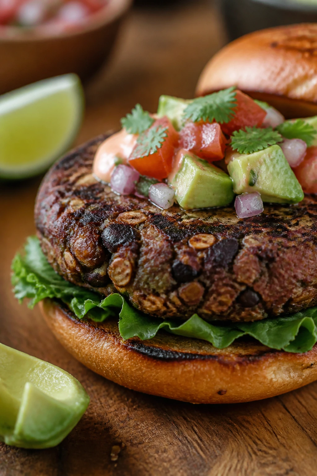Close-up of smoky black bean burger on a bun with lime and avocado nearby