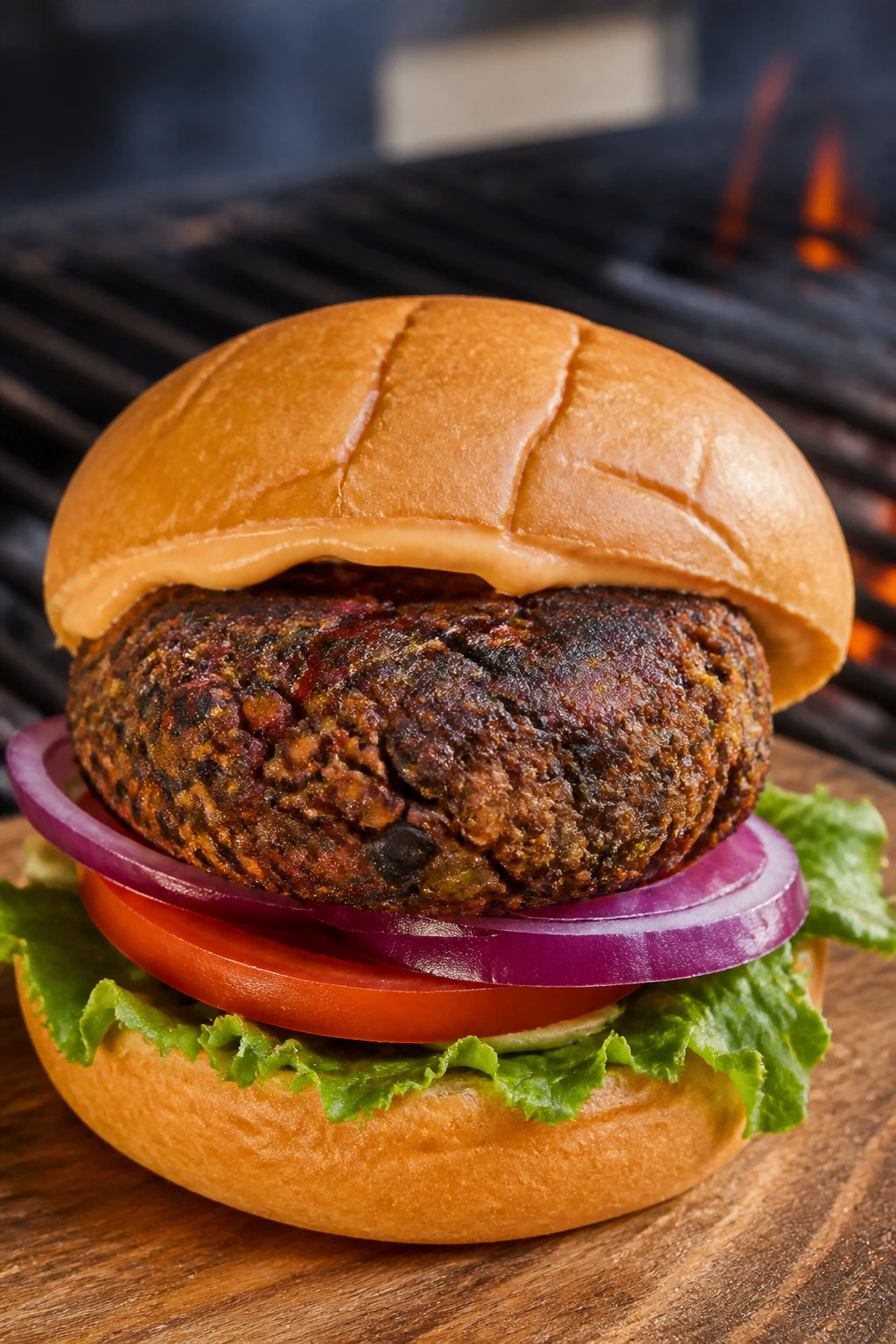 Close-up of a black bean burger on a toasted bun with a hint of chipotle mayo.