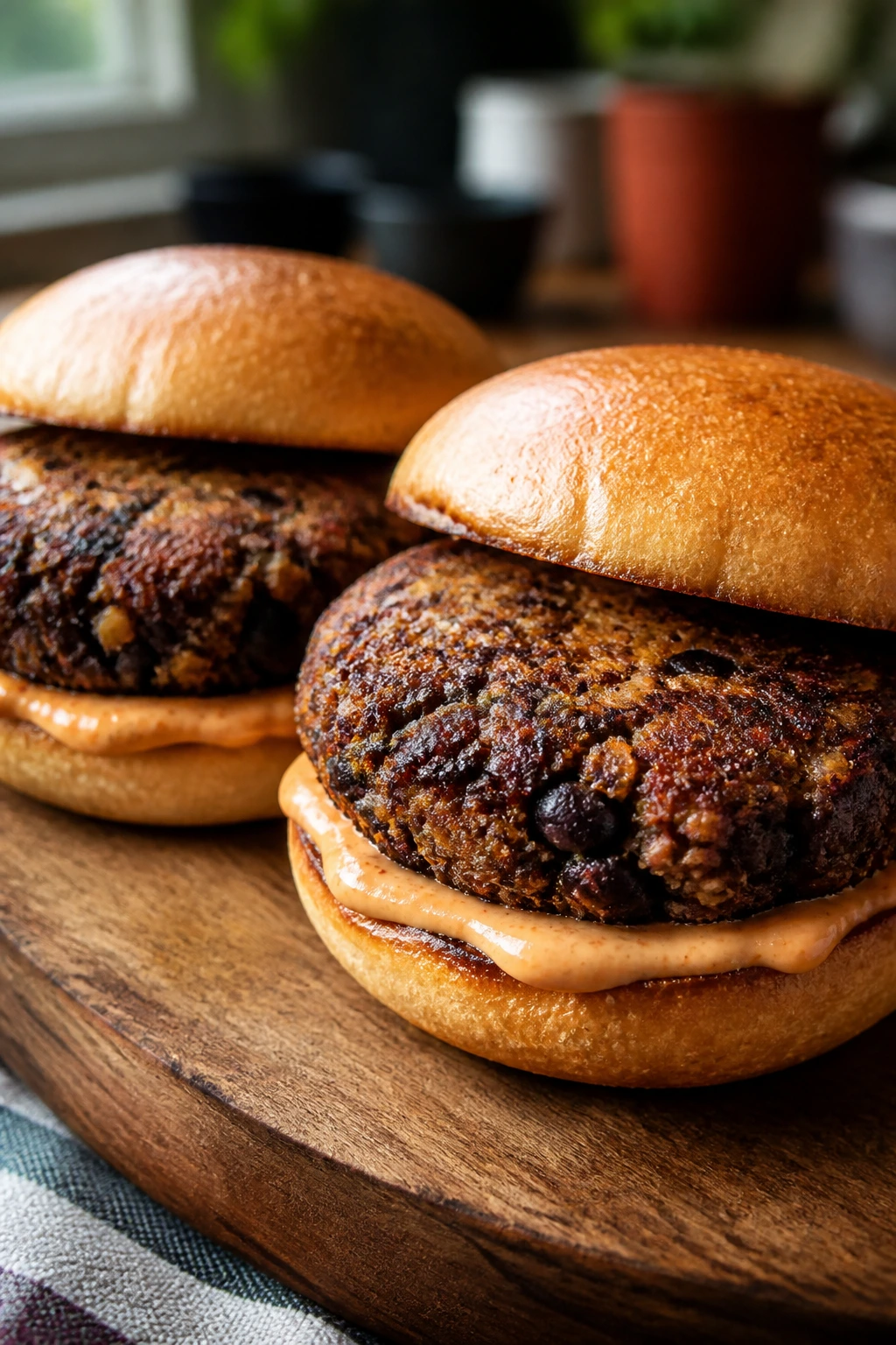 Close-up of two crispy black bean burgers on toasted buns with smoky mayo in a rustic kitchen