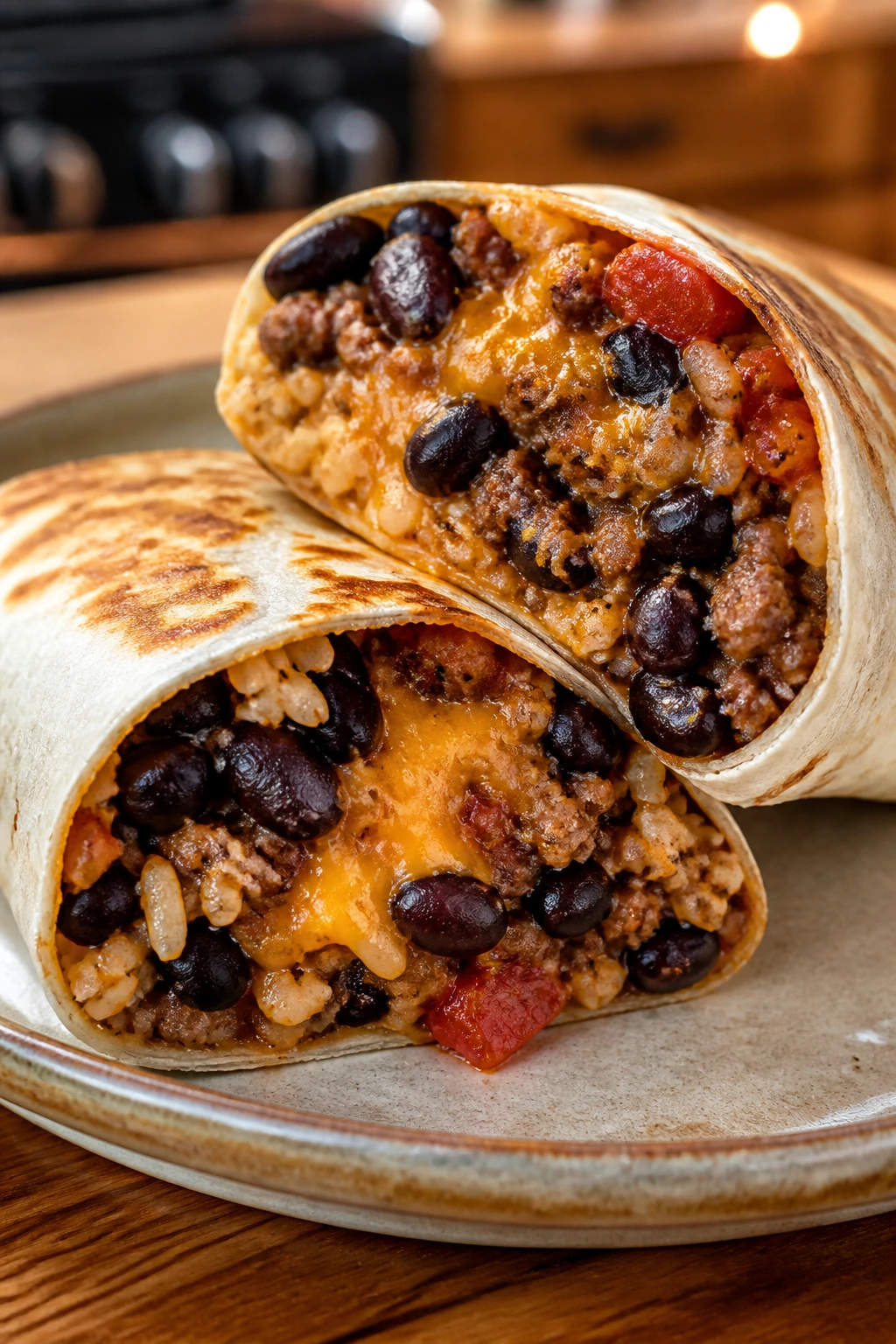 Cross-section of beef burrito with beans and rice on plate