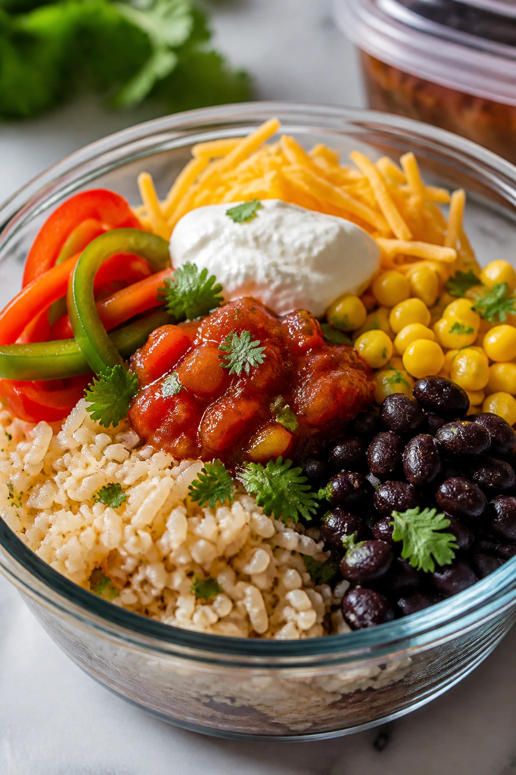 Close-up burrito bowl with rice, beans, corn and salsa