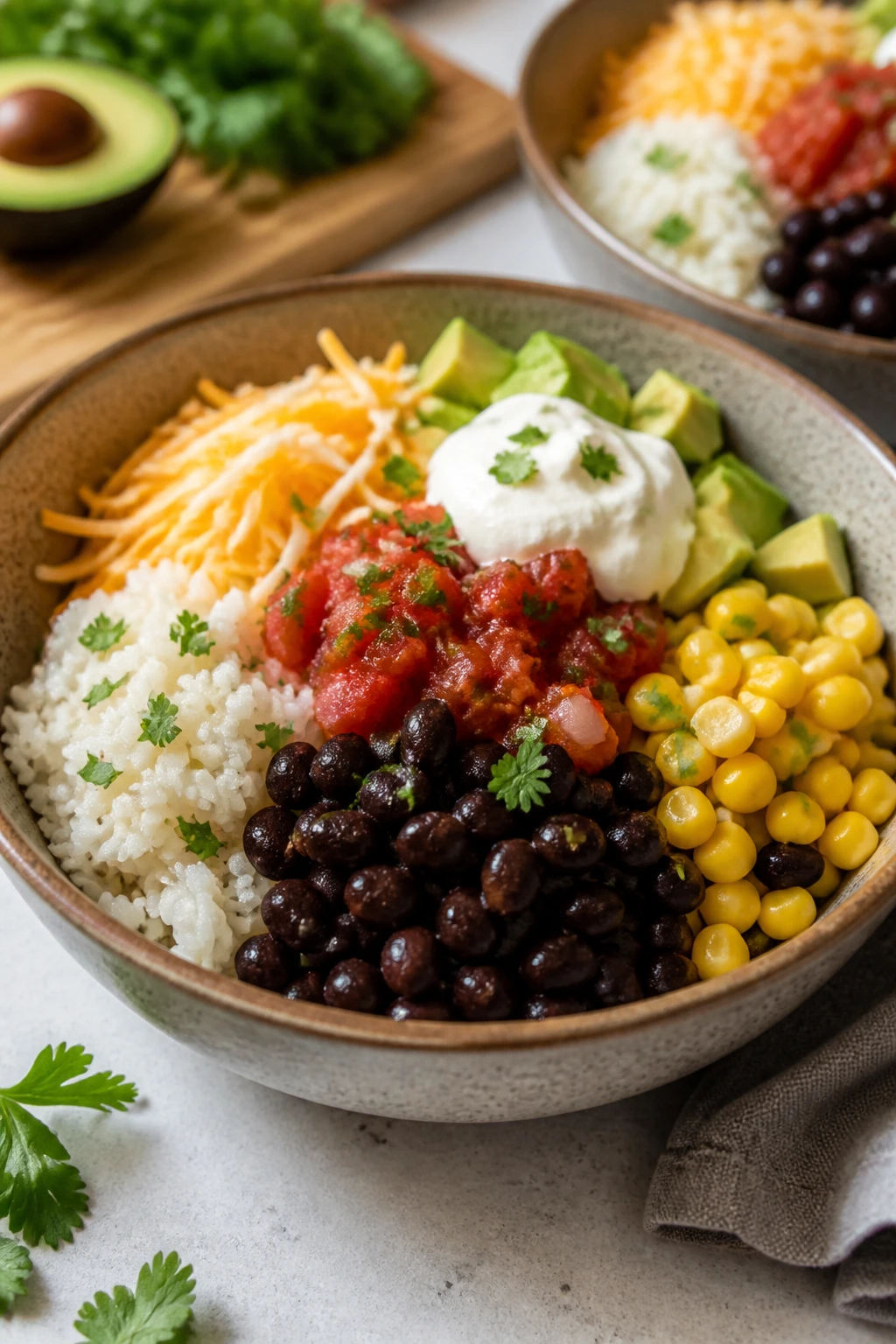 Colorful black bean burrito bowl with rice and toppings
