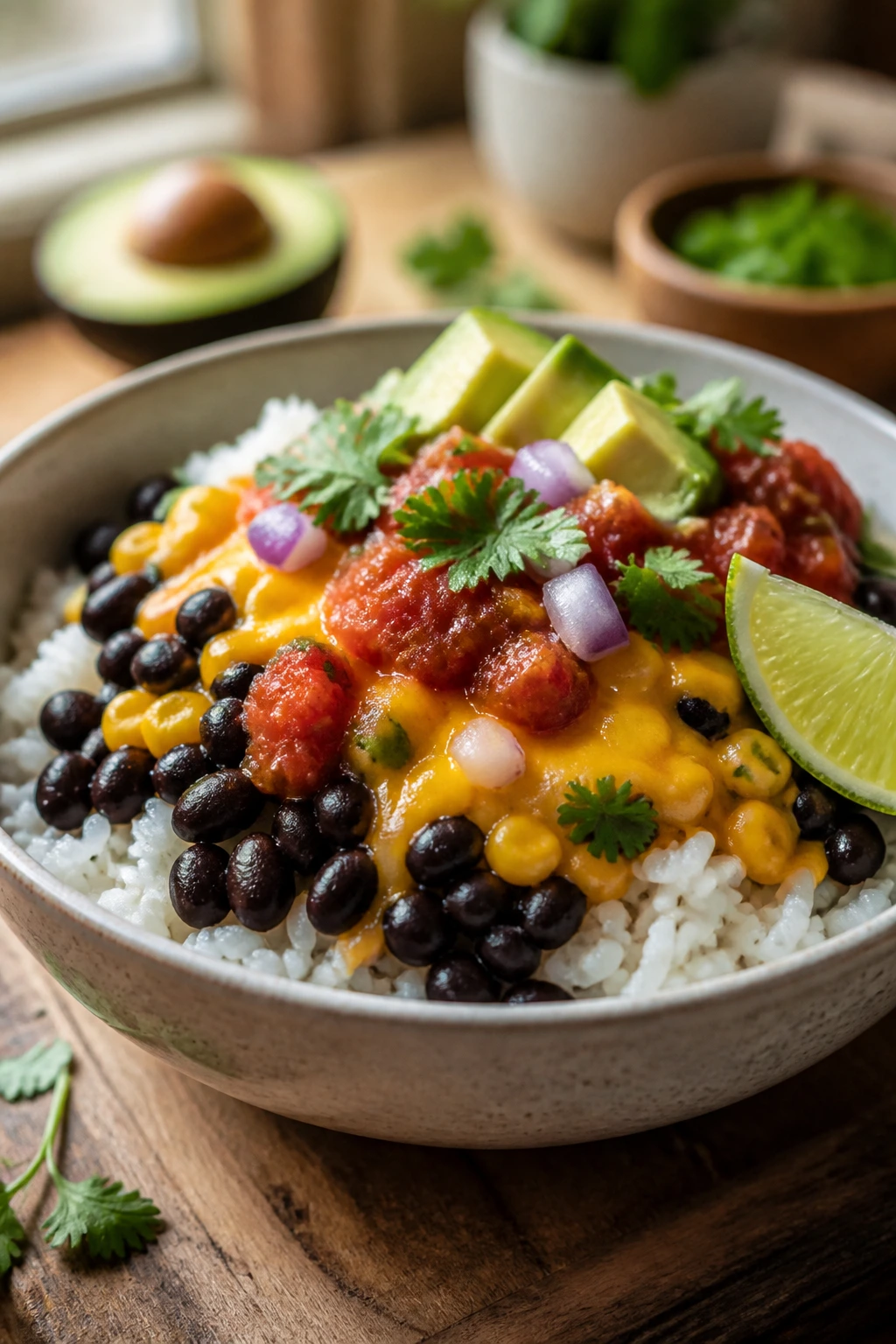 Close-up burrito bowl with rice, beans, corn, salsa and melted cheese on wooden counter