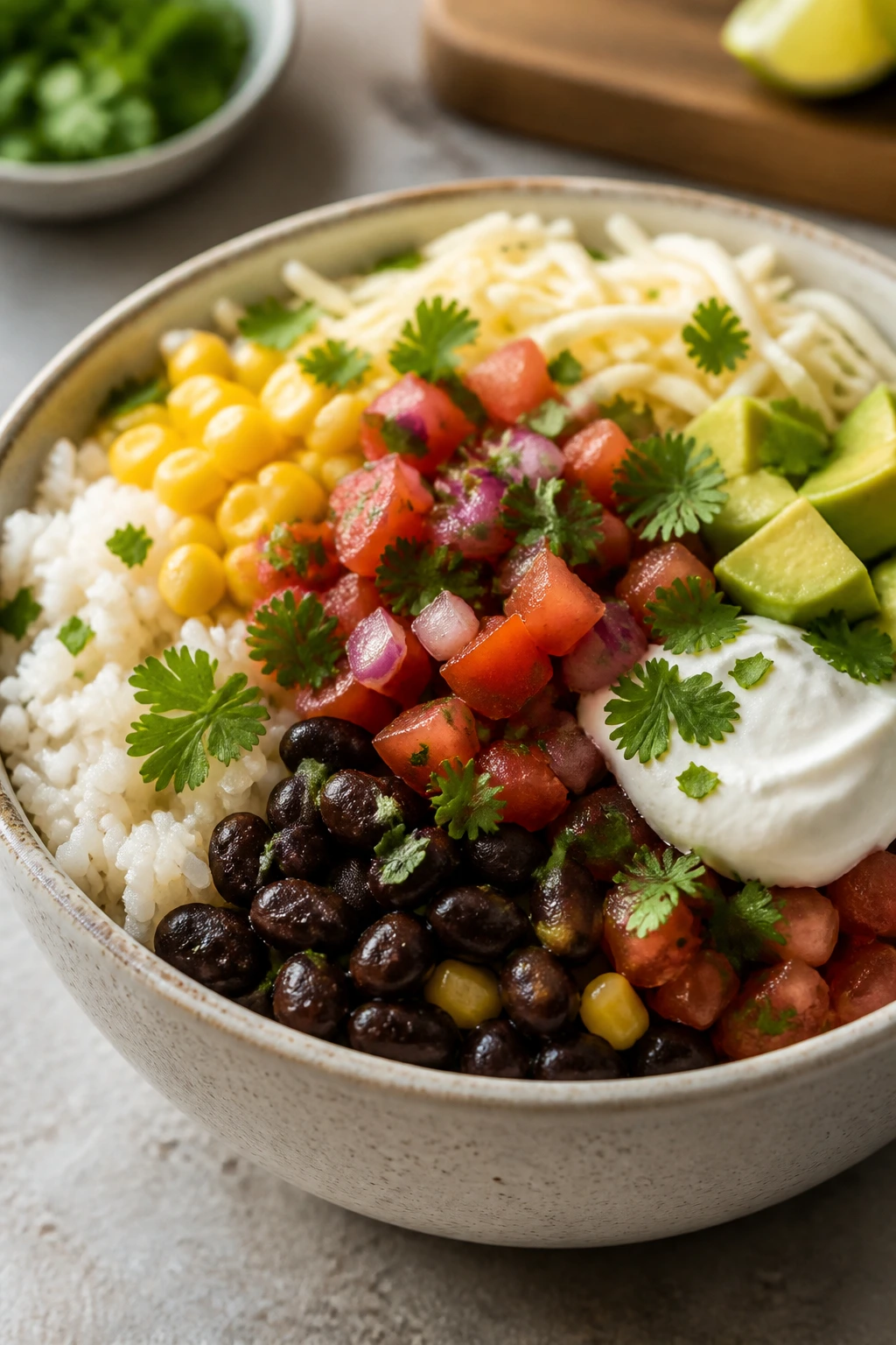 Burrito bowl with rice, black beans, corn, and salsa