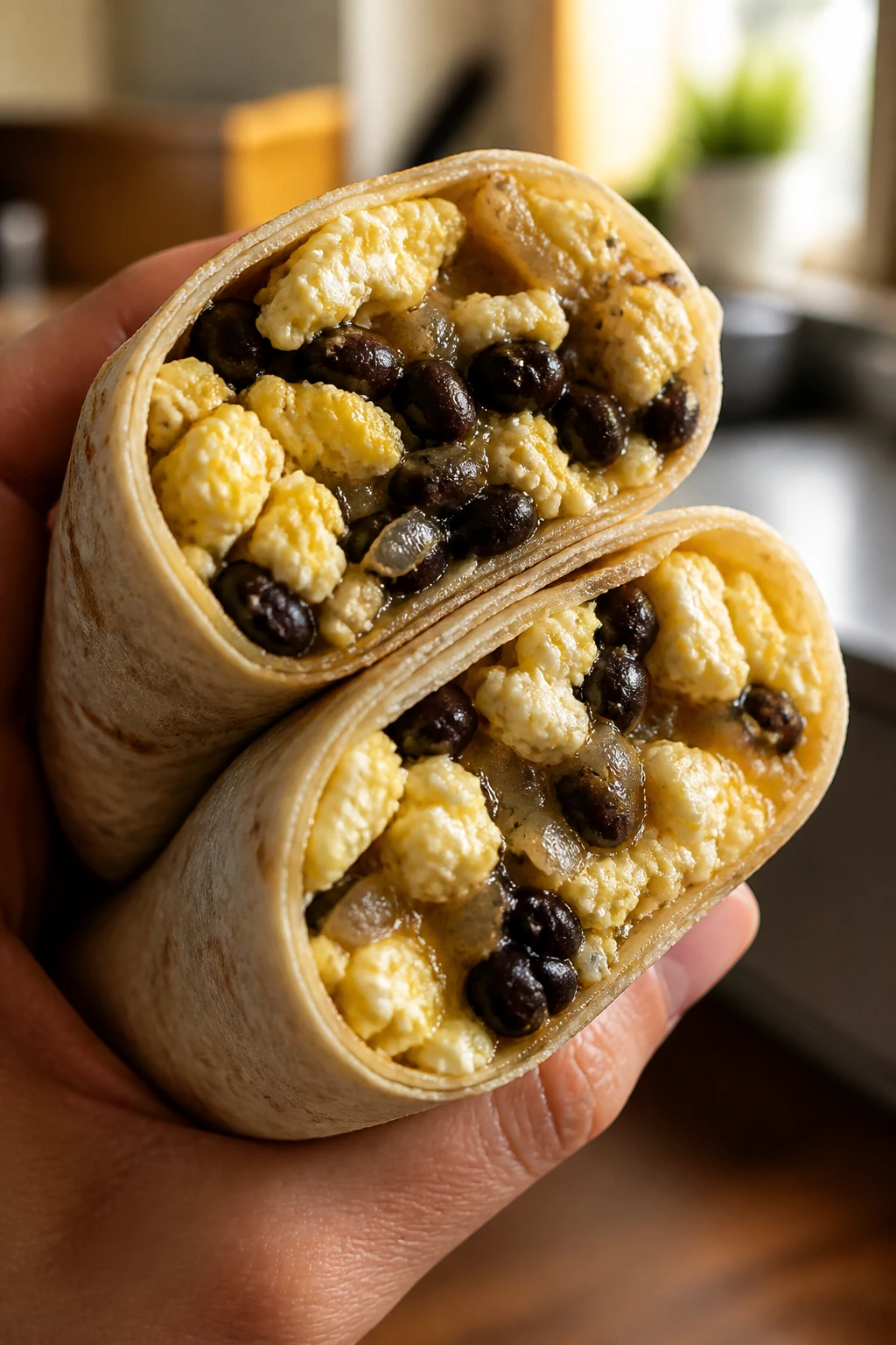 Close-up of a burrito half with eggs and black beans in a warm kitchen setting