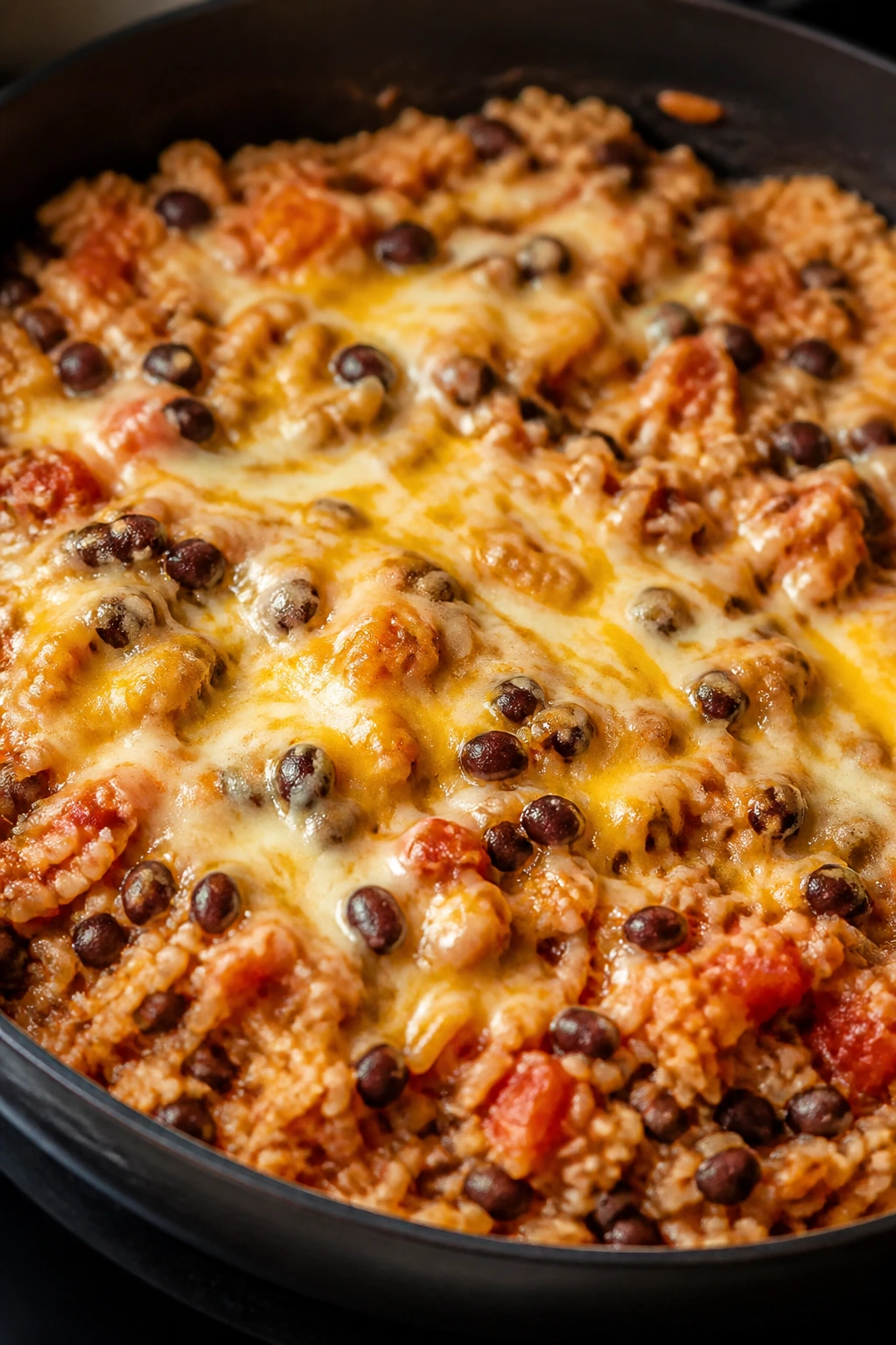Skillet with black bean burrito mix and melted cheese