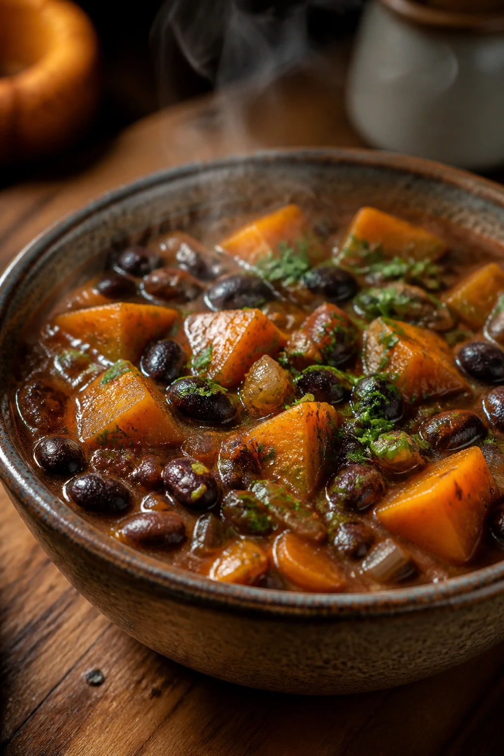 Close-up of black bean and butternut squash stew in a rustic bowl.