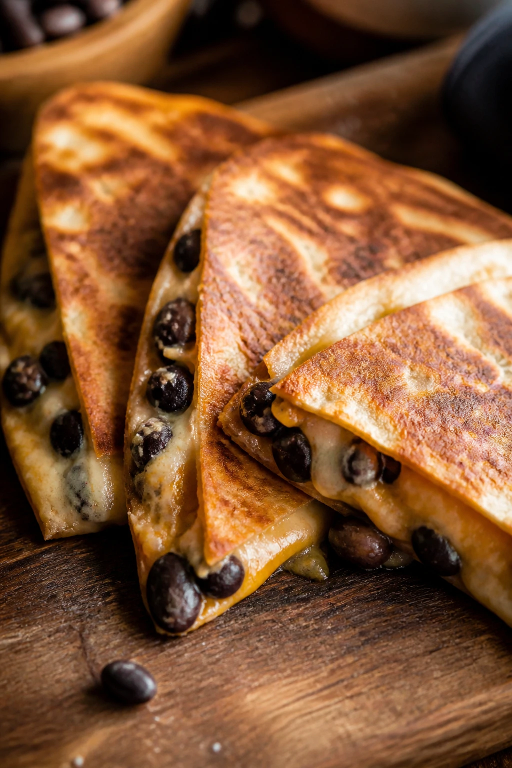 Quesadillas with black beans and cheese on cutting board
