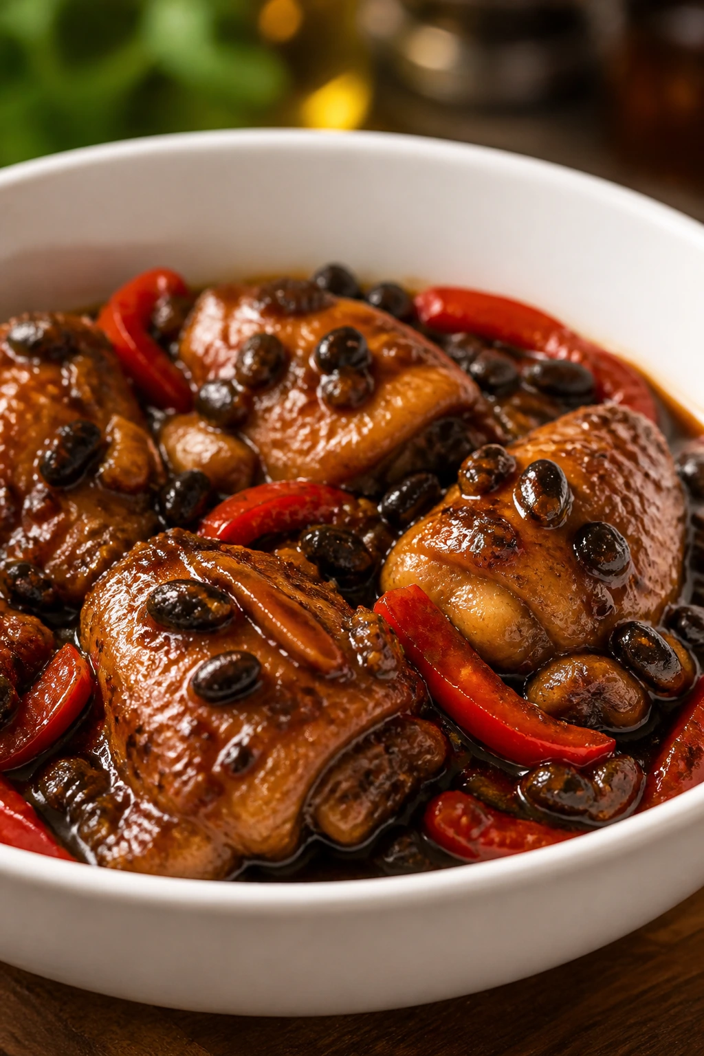 Close-up of chicken in dark black bean sauce with peppers