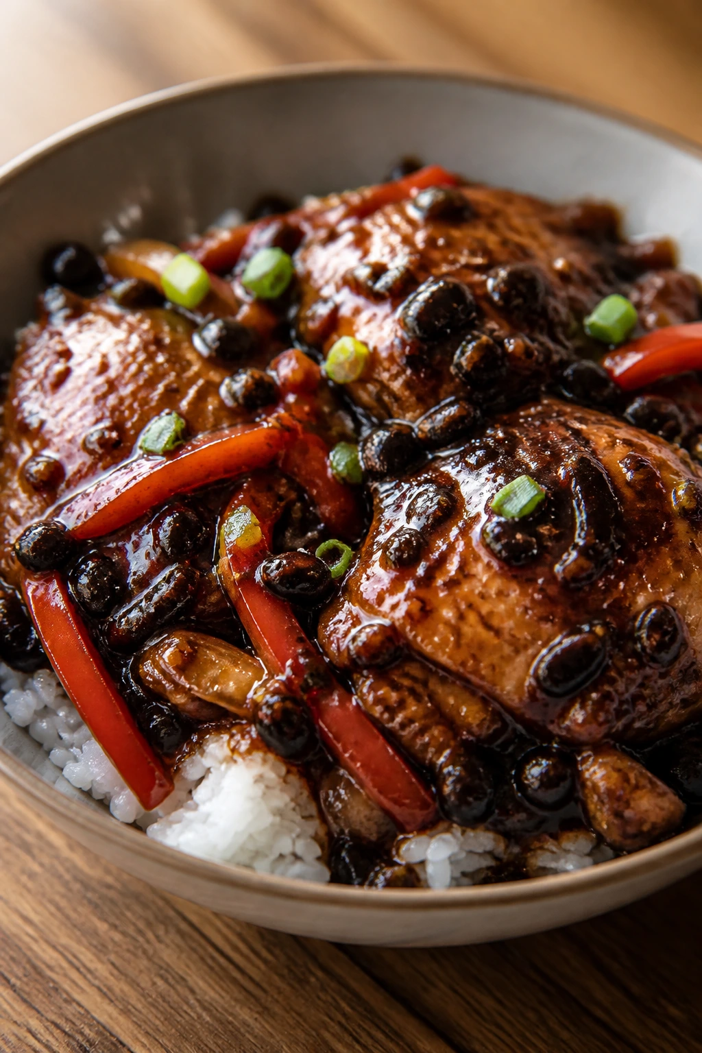 Chicken thighs in black bean sauce with peppers