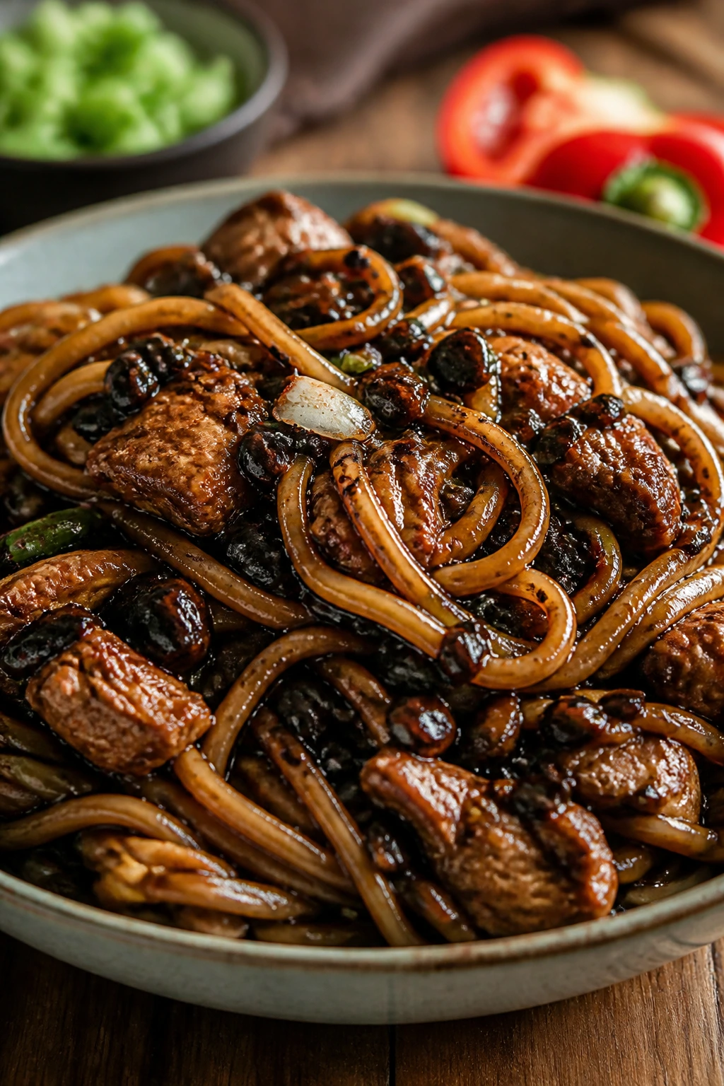 Close-up of Black Bean Chicken Noodles in dark savory sauce with chicken