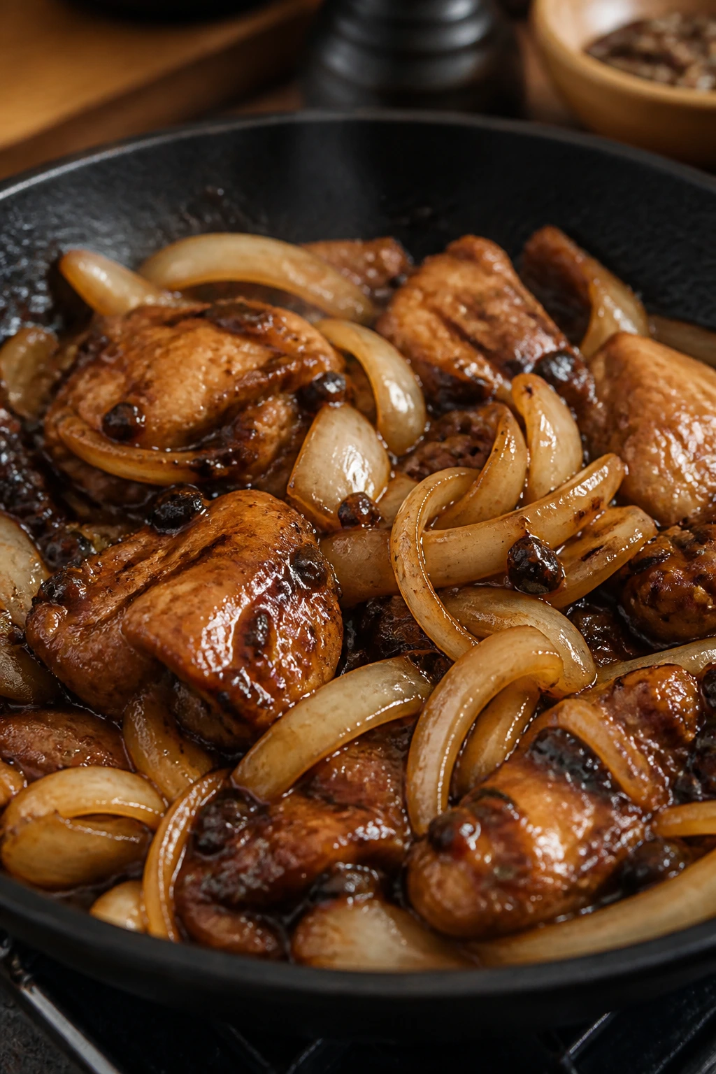 Chicken in black bean sauce with onions in a skillet