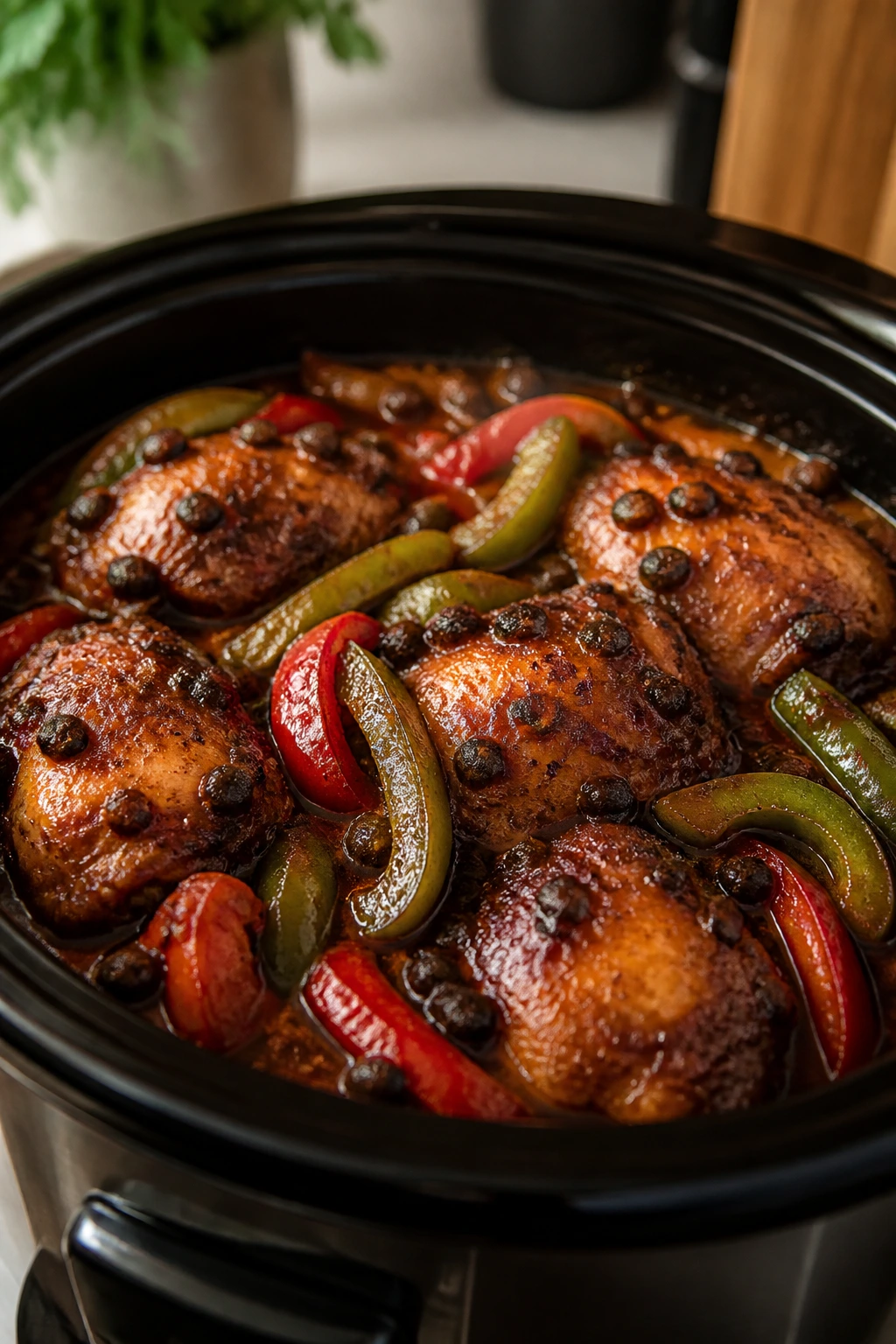 Close-up of Slow Cooker Black Bean Chicken and Peppers in glossy sauce