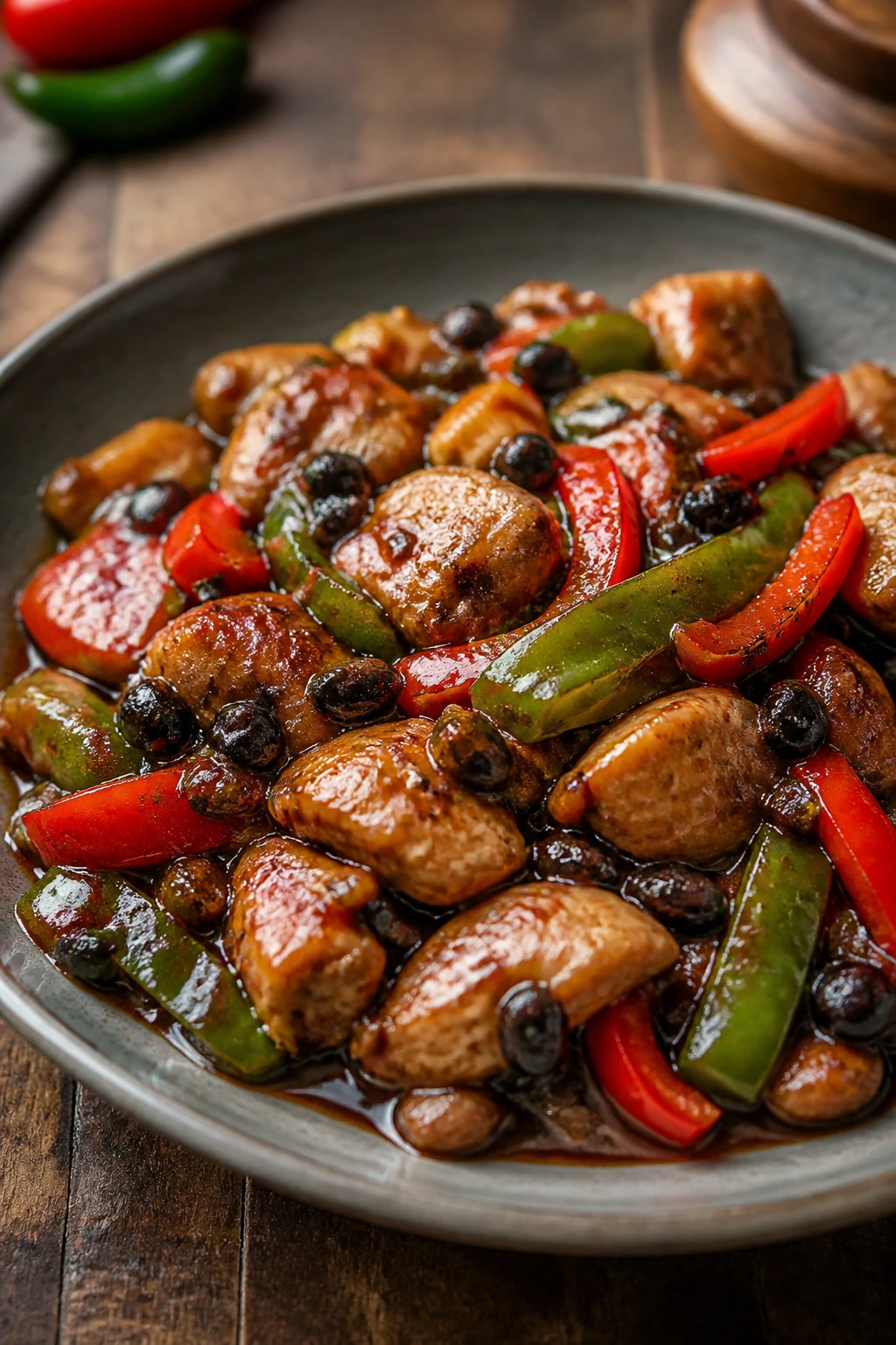 Chicken with peppers in a glossy black bean sauce