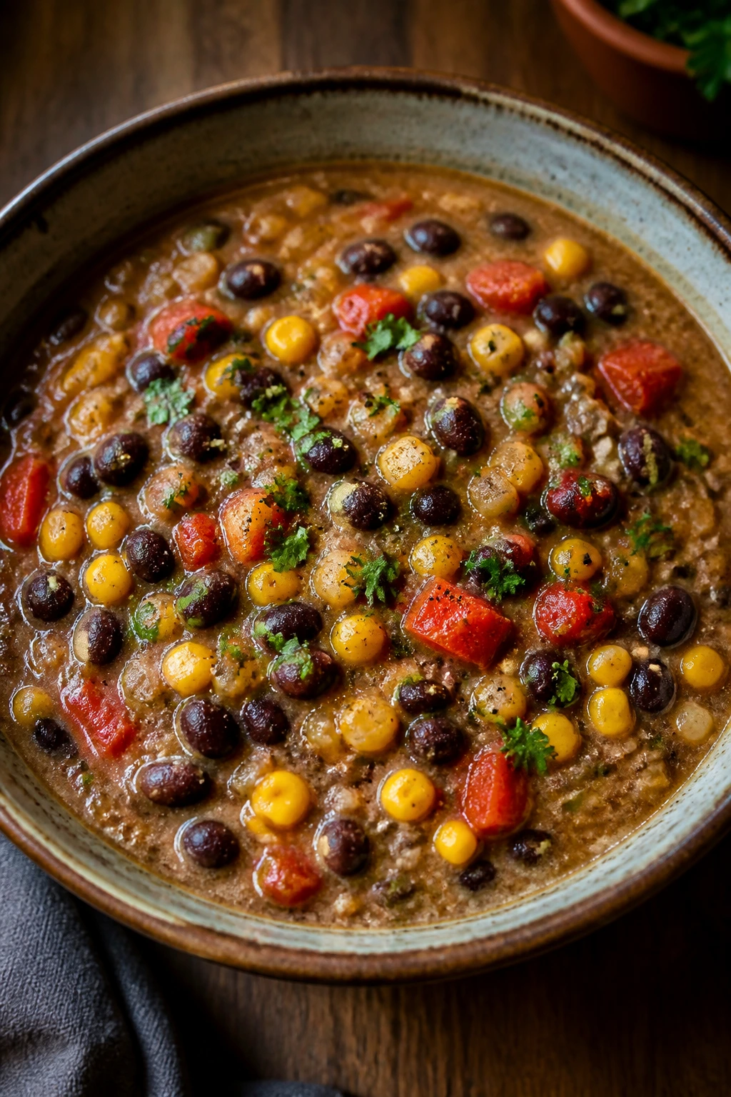 Close-up of Black Bean and Corn Chowder with beans, corn, and peppers in a thick broth