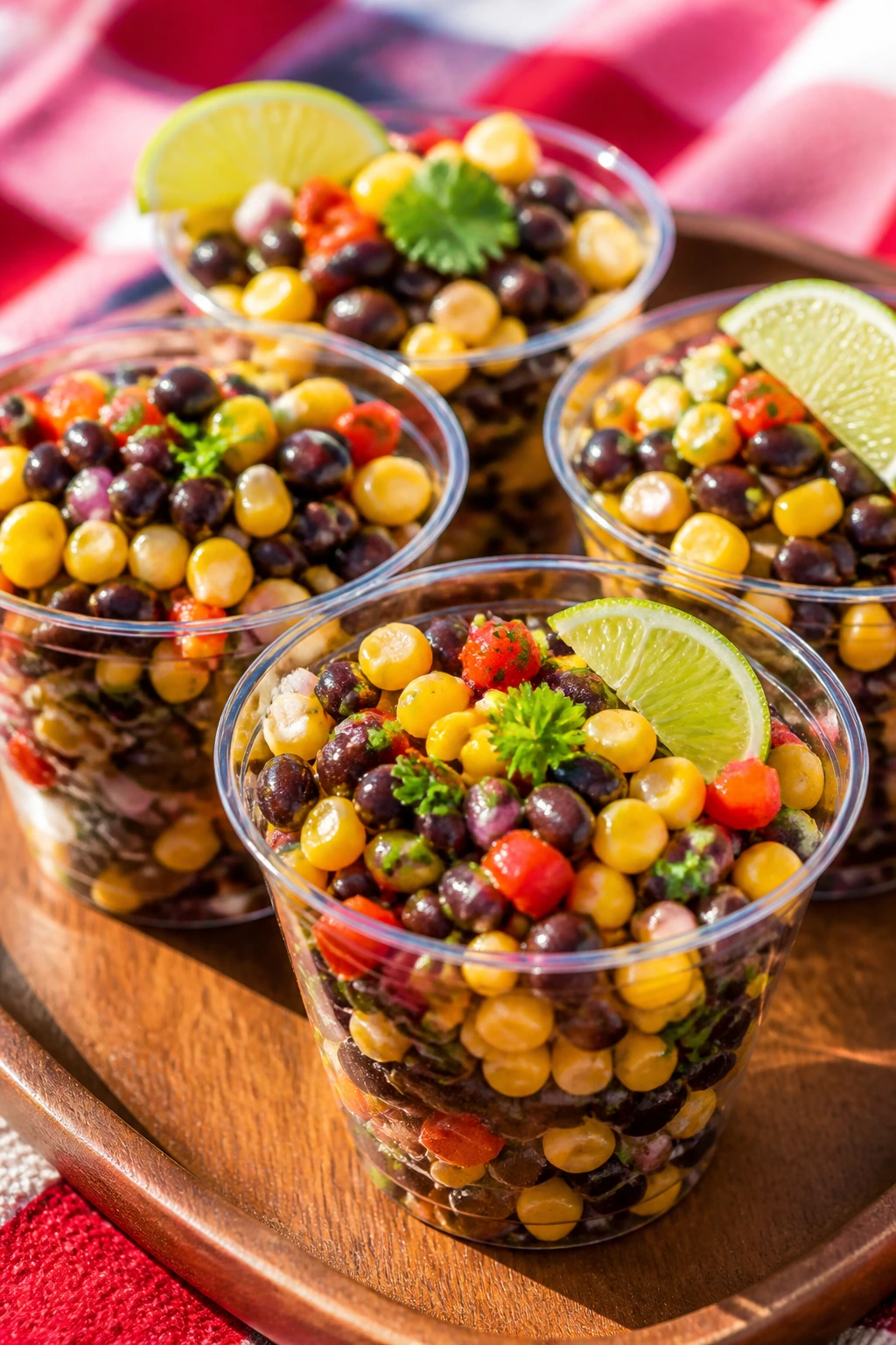 Cups filled with black bean and corn salad on a wooden tray
