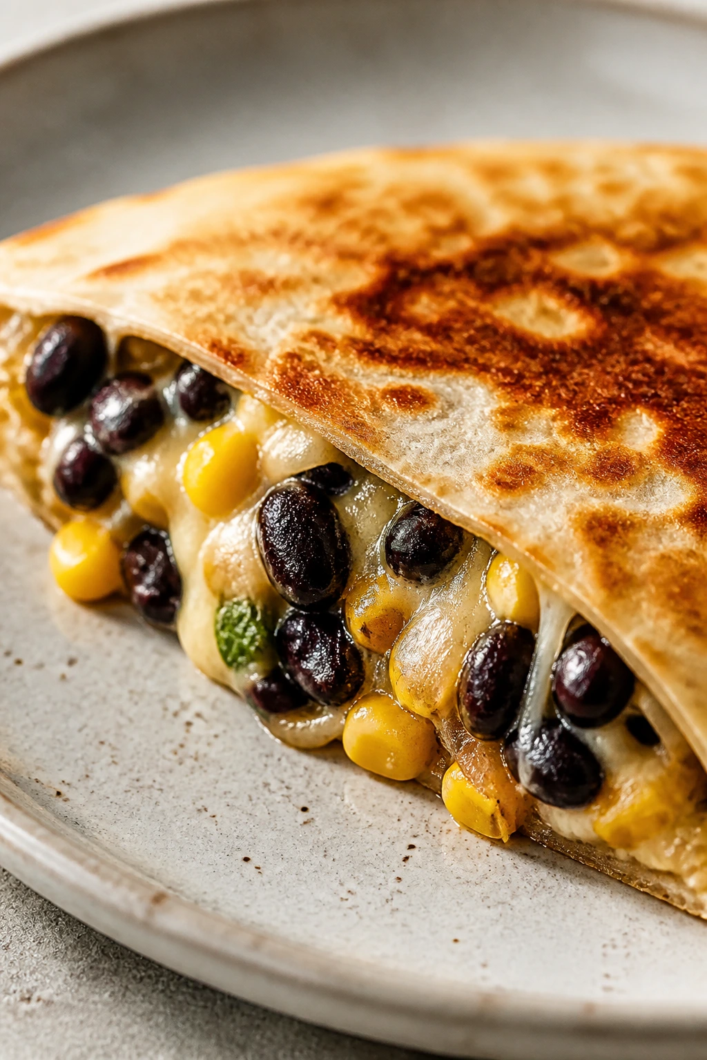 Quesadilla with black beans and corn, melted cheese