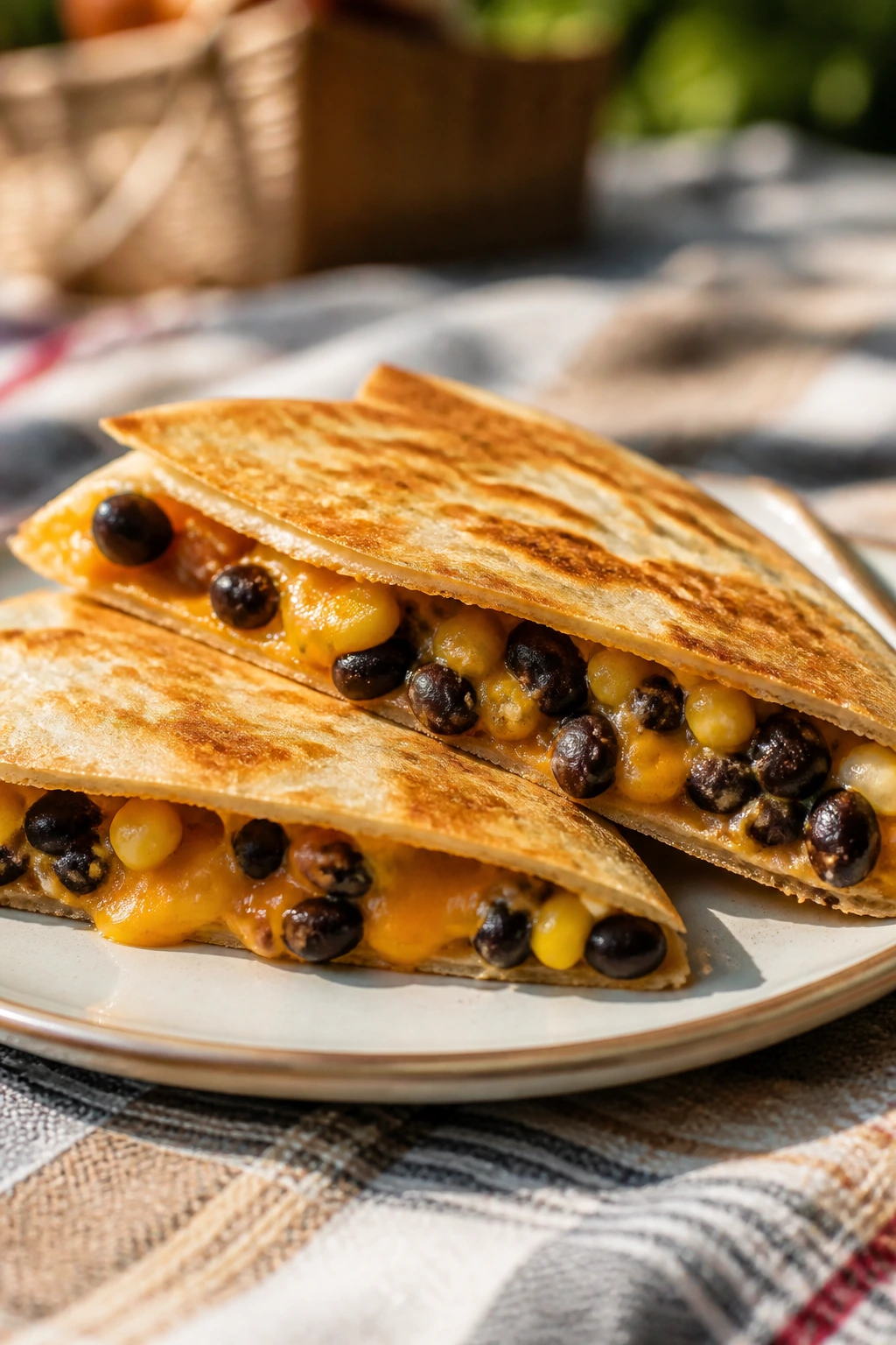 Close-up Black Bean and Corn Quesadilla wedge on a plate at a picnic.