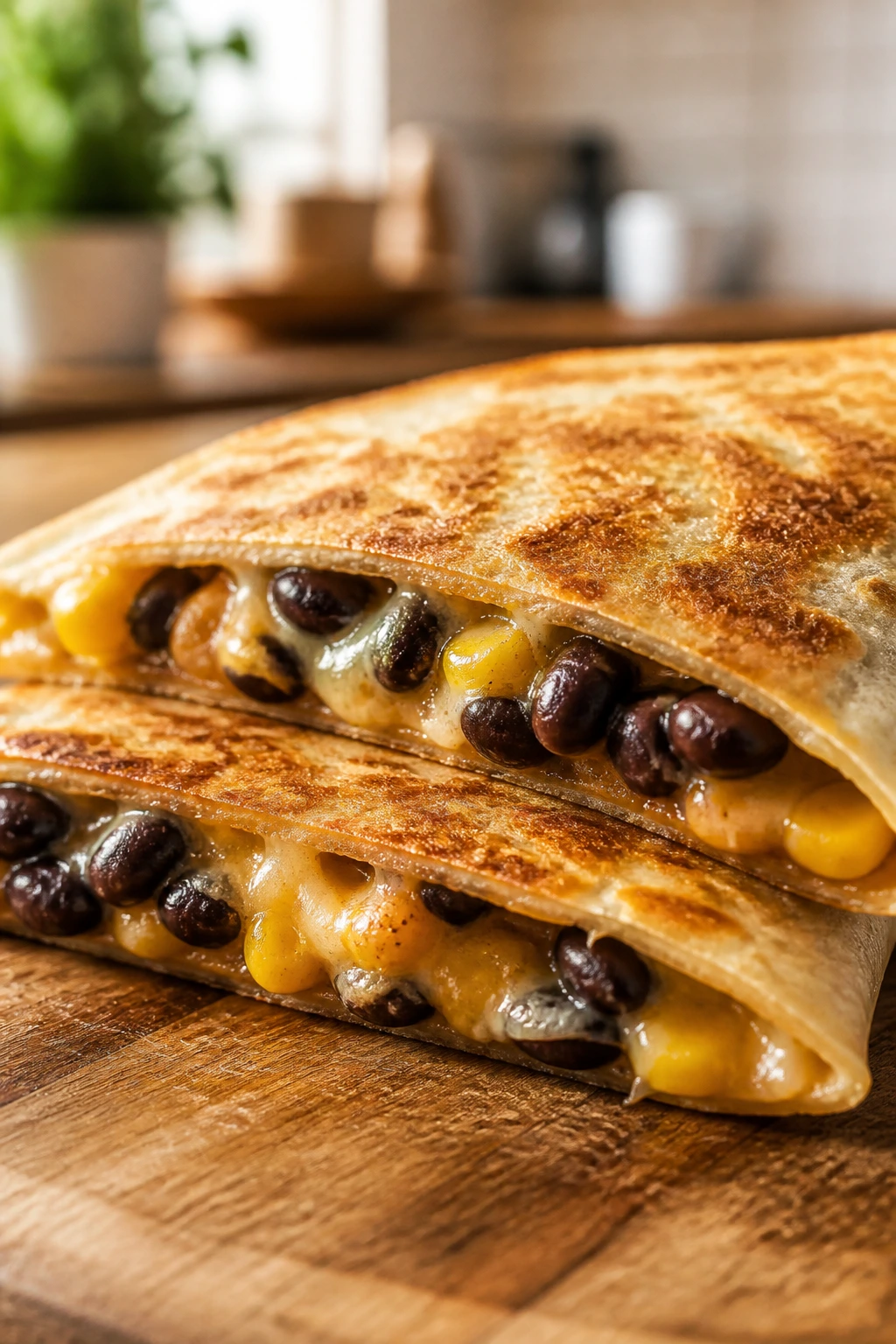 Close-up of a single black bean corn quesadilla on a plate
