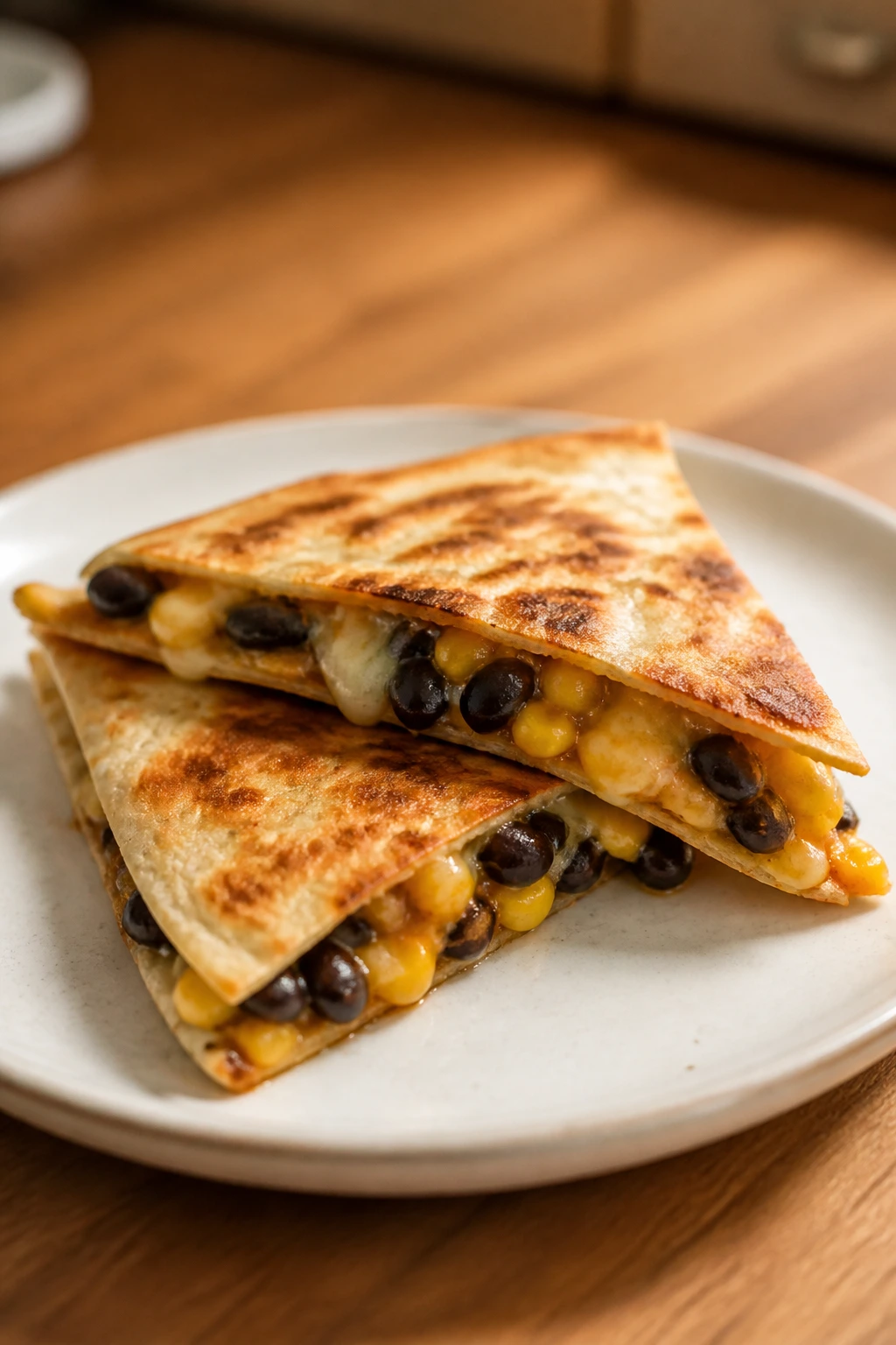 Quesadilla wedges showing black beans, corn and melted cheese