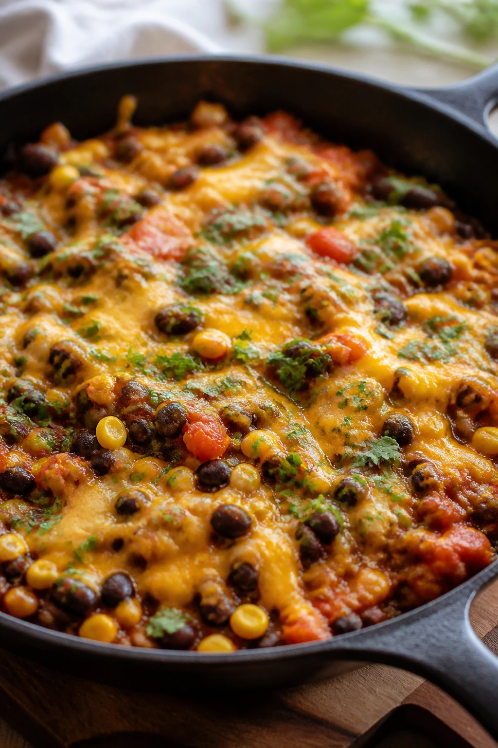 Skillet with black beans, corn, salsa and cheese