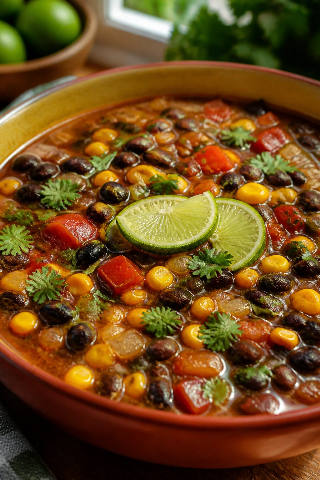 Close-up of Black Bean Corn Soup with beans, corn, lime garnish in a rustic bowl