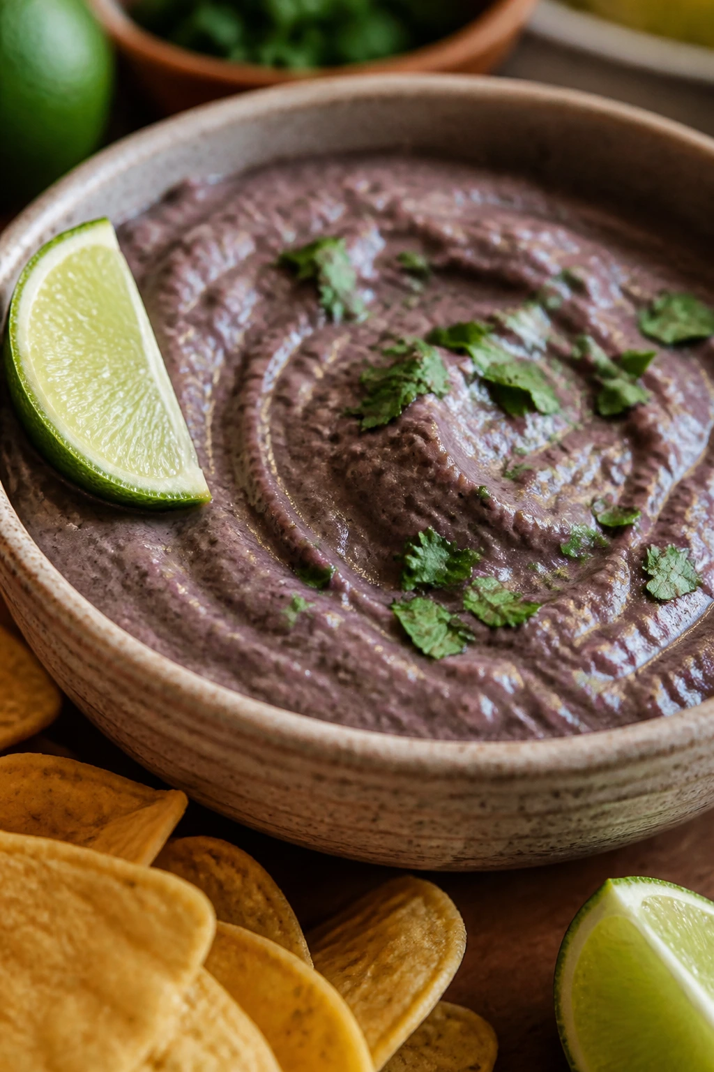 Close-up of creamy black bean dip served in a rustic bowl with lime and chips