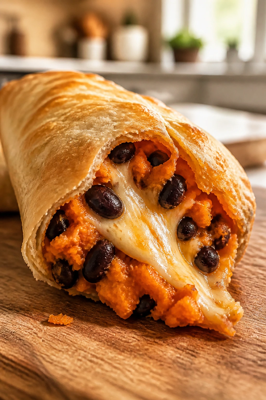 Close-up of black bean empanada filling with sweet potato and pepper jack