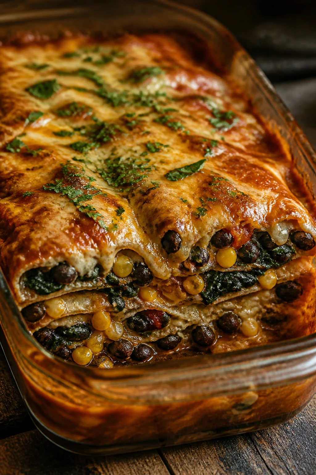 Layered Black Bean Enchilada Bake in a baking dish with cheese and vegetables