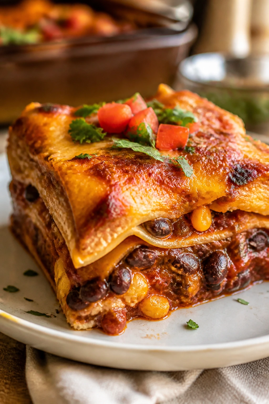 Slice of black bean enchilada casserole with melted cheese on plate