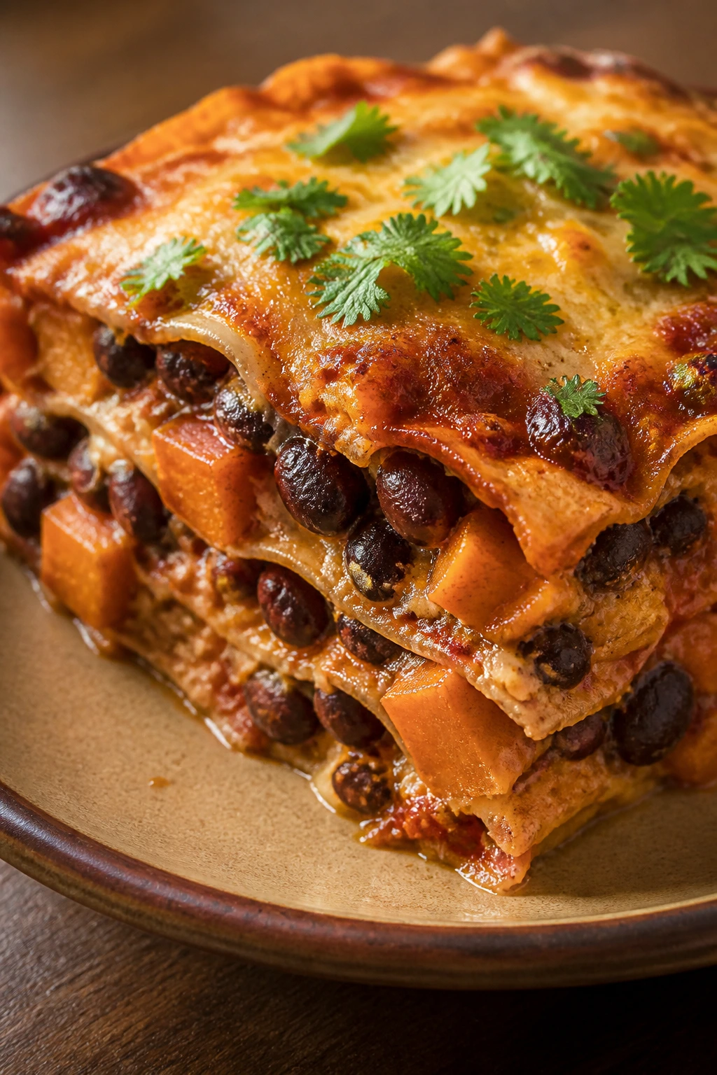 Close-up of a slice of black bean and sweet potato enchilada casserole on a plate