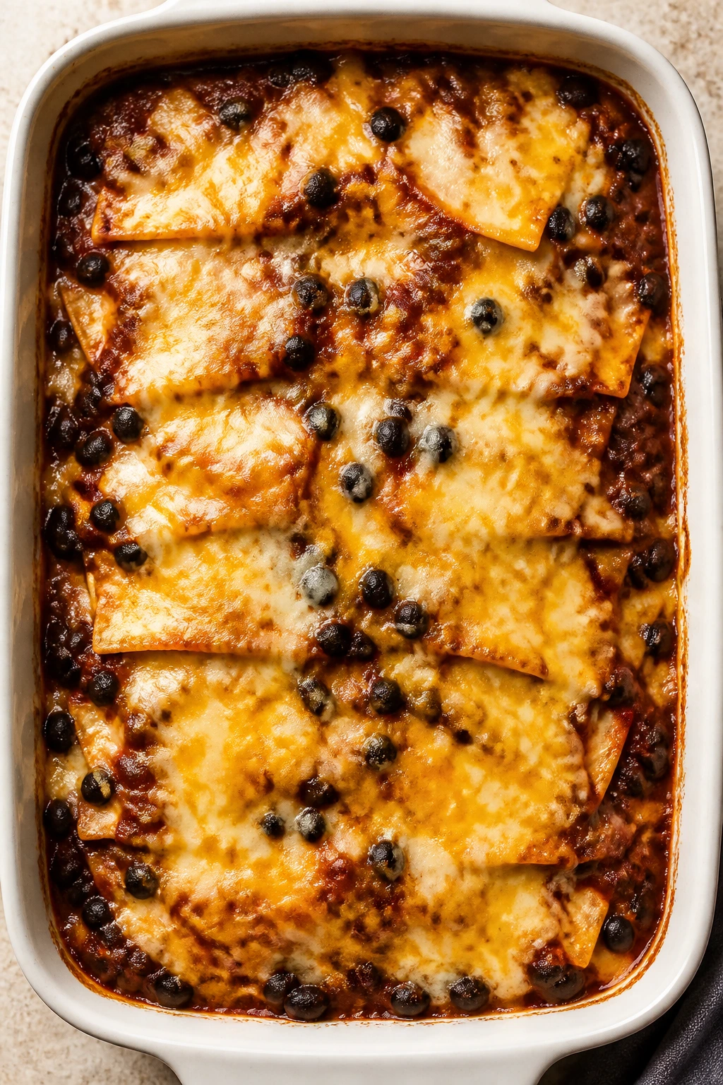 Top-down view of black bean enchilada casserole in a baking dish.