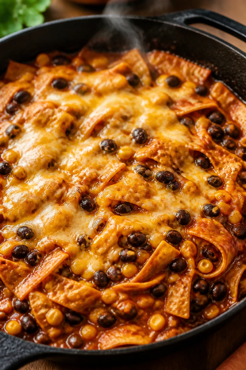 Skillet with black beans, corn, enchilada sauce and cheese
